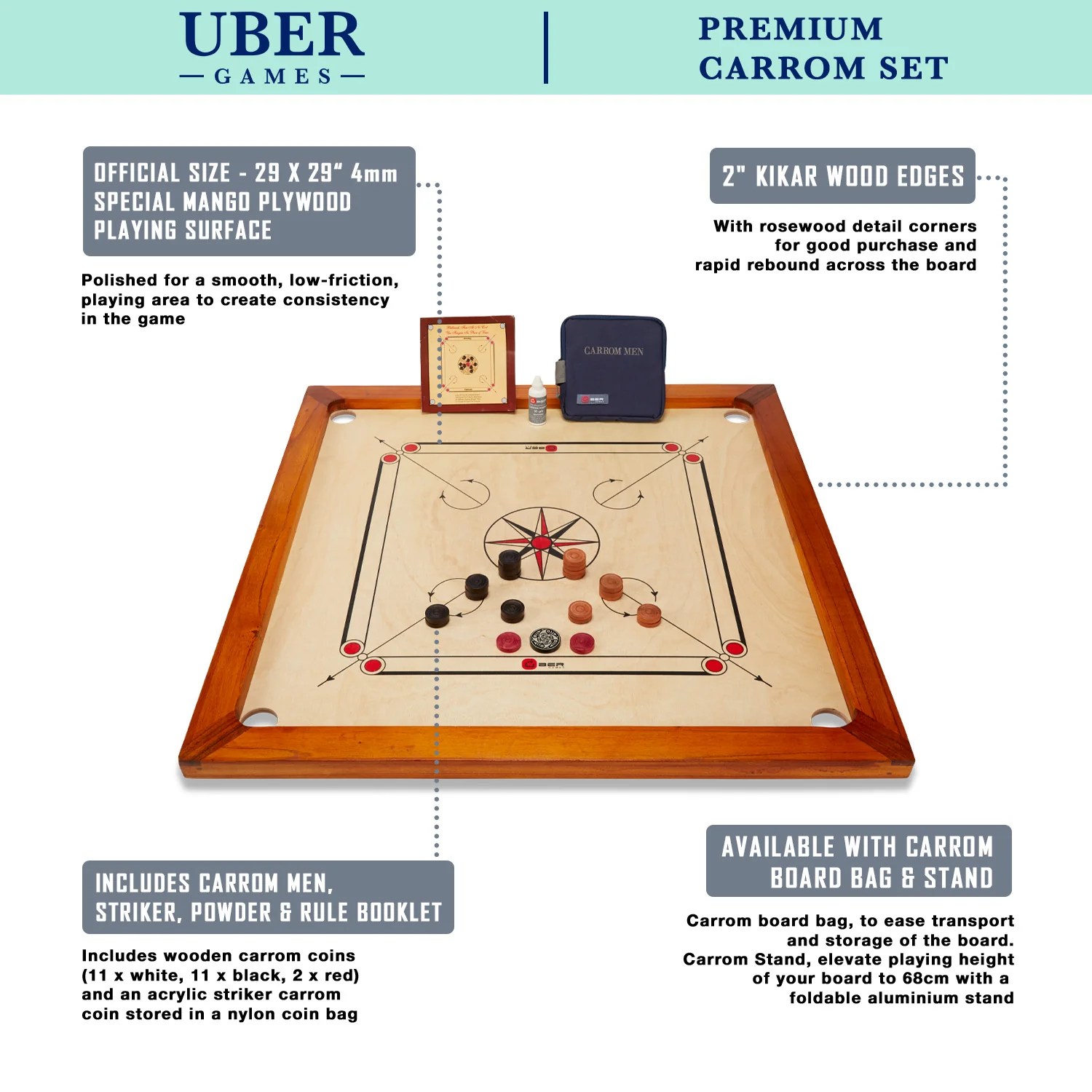 Carrom-Brett mit Teilen und Abmessungen, einschließlich Brettbeutel und Ständer.