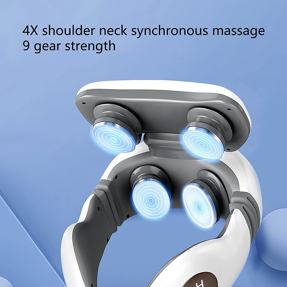 Ein weißes und graues Nackenmassagegerät mit blauen Lichtern, mit Text über Massage und Gangstärke.