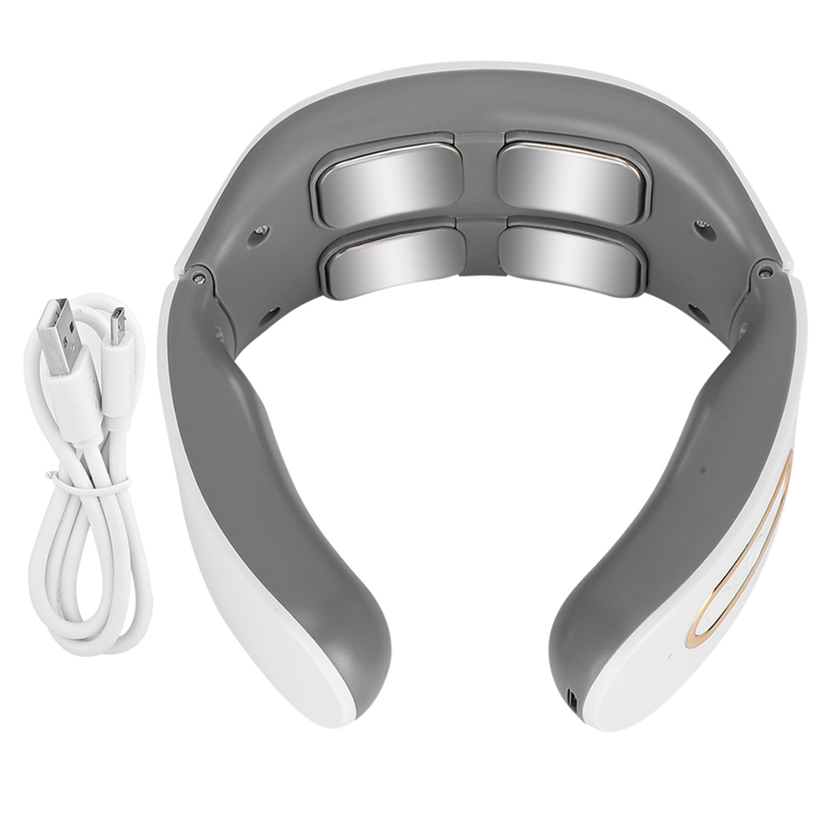 Weißes und graues Nackenmassagegerät mit angeschlossenem USB-Kabel. Der Power-Knopf ist sichtbar.