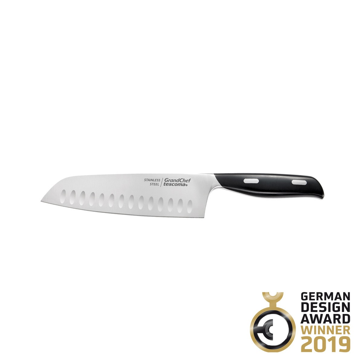 Ein Edelstahl-GrandChef-Messer mit schwarzem Griff. Das Design wurde mit dem German Design Award Winner 2019 ausgezeichnet.
