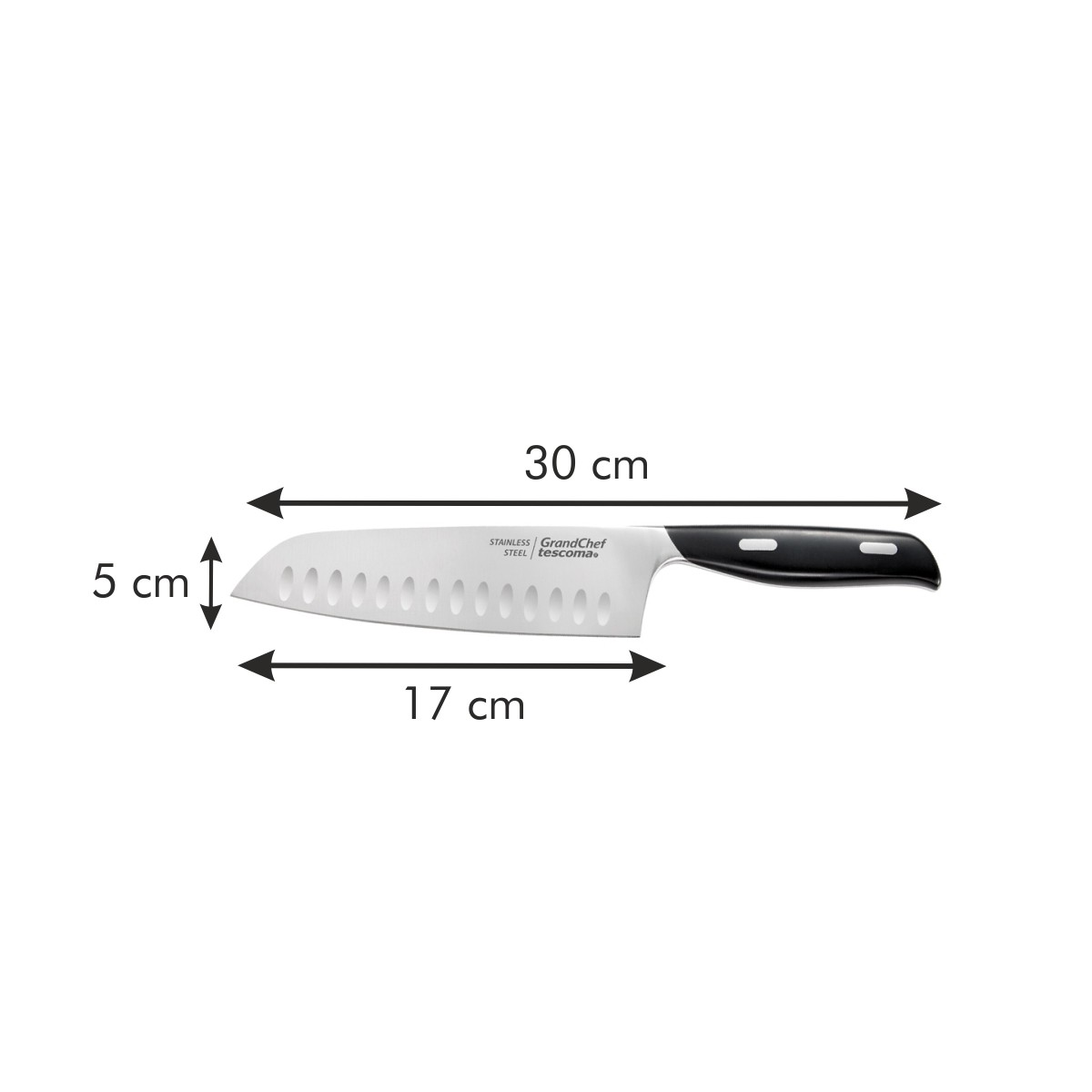 Ein weißes Messer mit schwarzem Griff. Die Klinge hat einige Löcher. Die Größe wird gemessen.