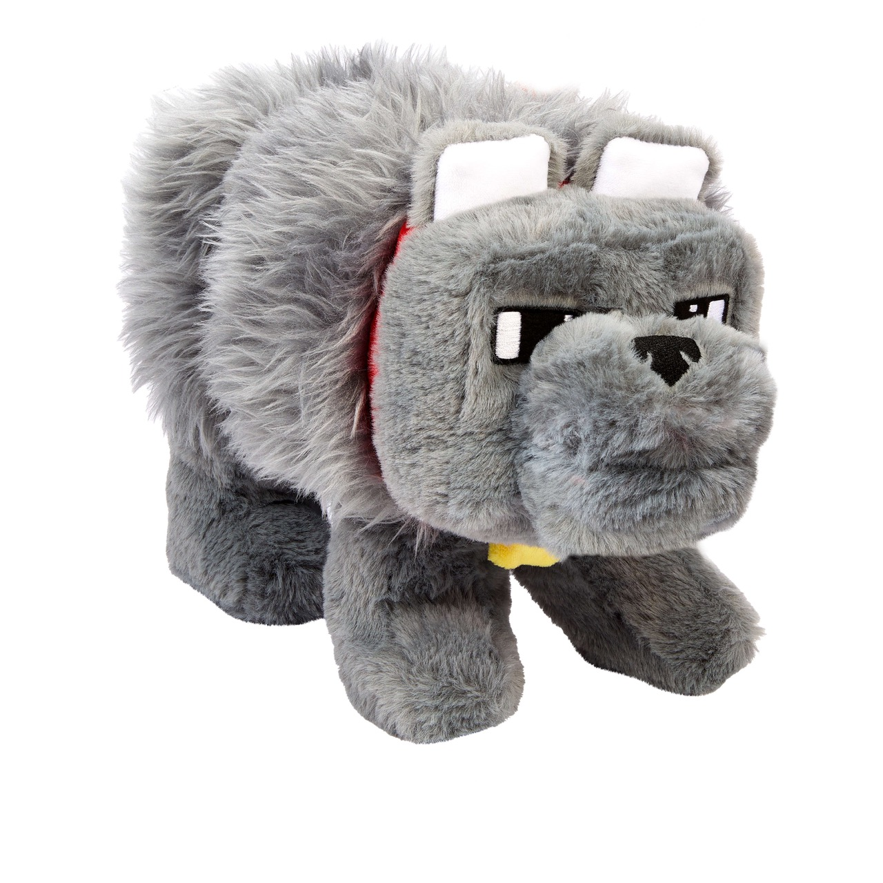 Un giocattolo a forma di cane Minecraft grigio e di peluche con orecchie bianche e un collare rosso, su sfondo bianco.