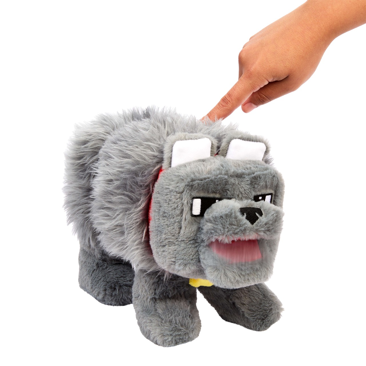 Cane di peluche grigio con una mano che punta alla testa. Ha un collare rosso e la bocca aperta.