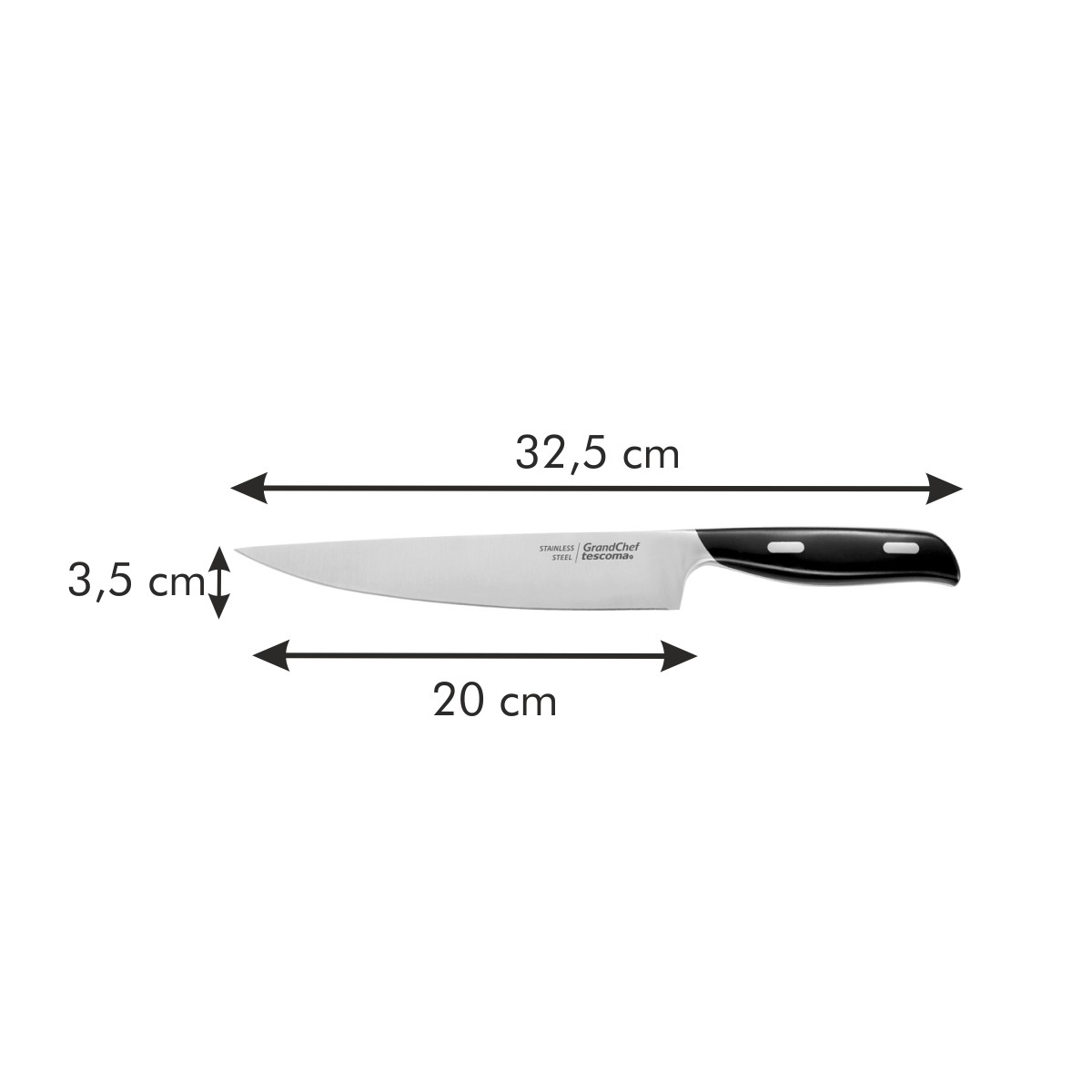 Ein Edelstahl-GrandChef-Messer. Es ist 32,5 cm lang und 3,5 cm breit, mit schwarzem Griff und Messmarkierungen.
