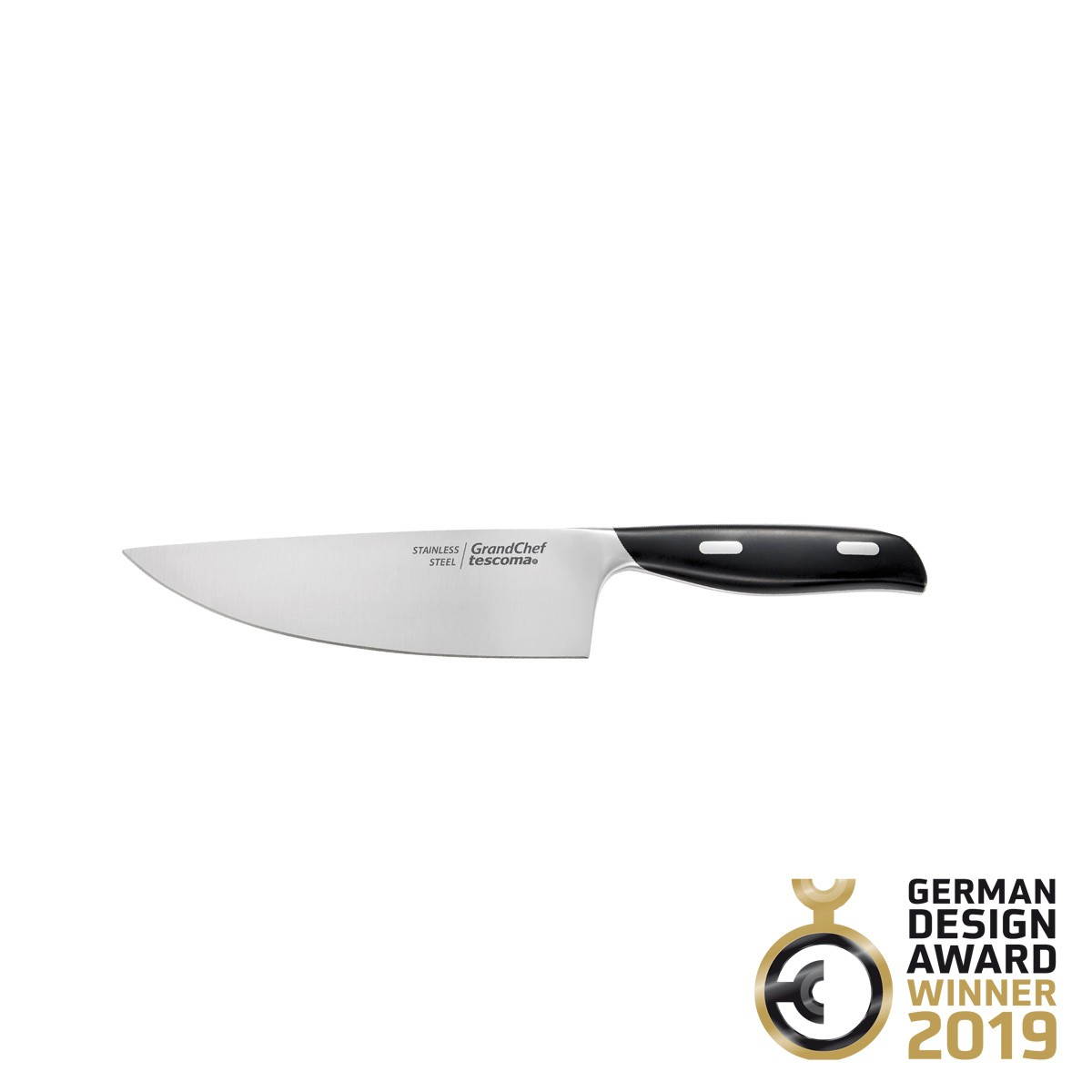 Ein Edelstahlmesser mit schwarzem Griff. Preisträger 2019.