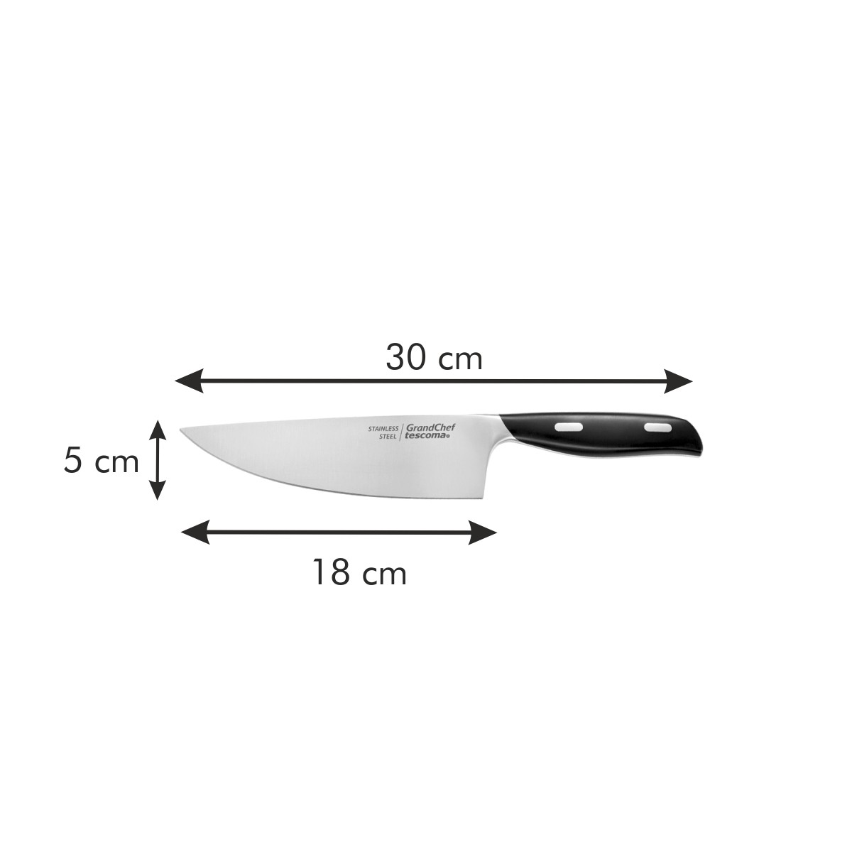 Messer mit Abmessungen. 30 cm lang und 5 cm breit, 18 cm Griff.