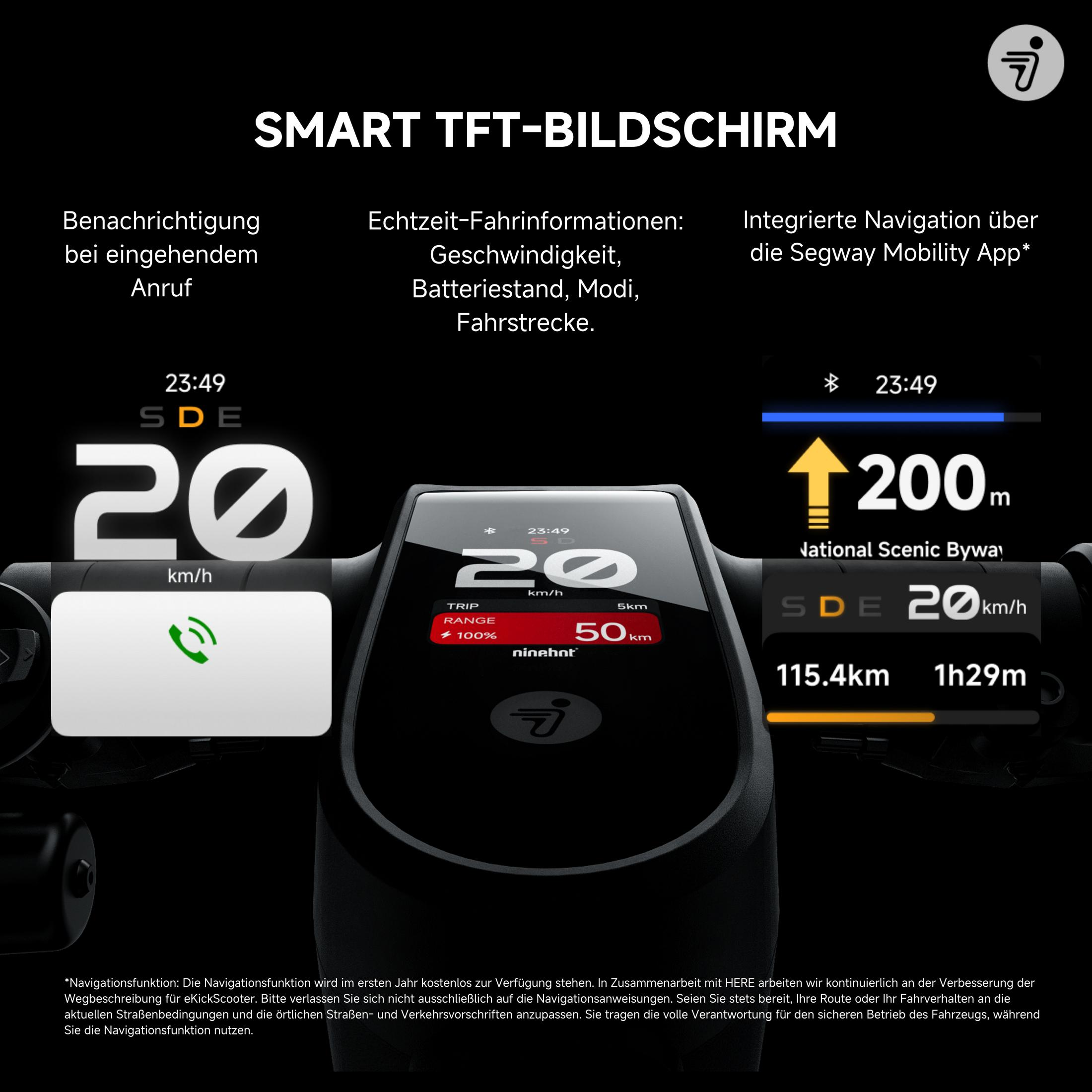 Deska rozdzielcza skutera pokazująca prędkość, baterię i nawigację. Skuter stoi na ciemnej powierzchni.