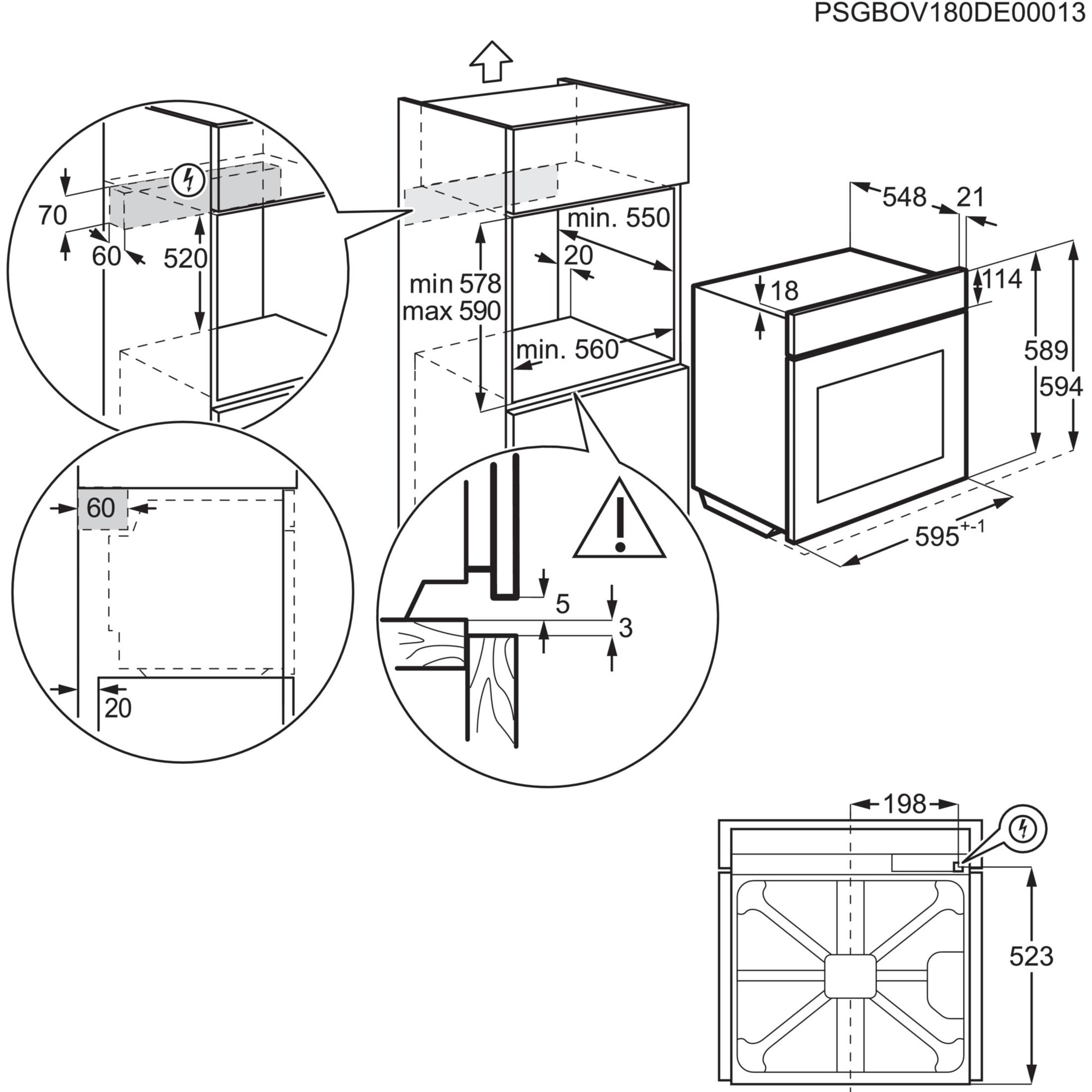 Diagramm eines Einbauofens mit Abmessungen und Detailansichten.