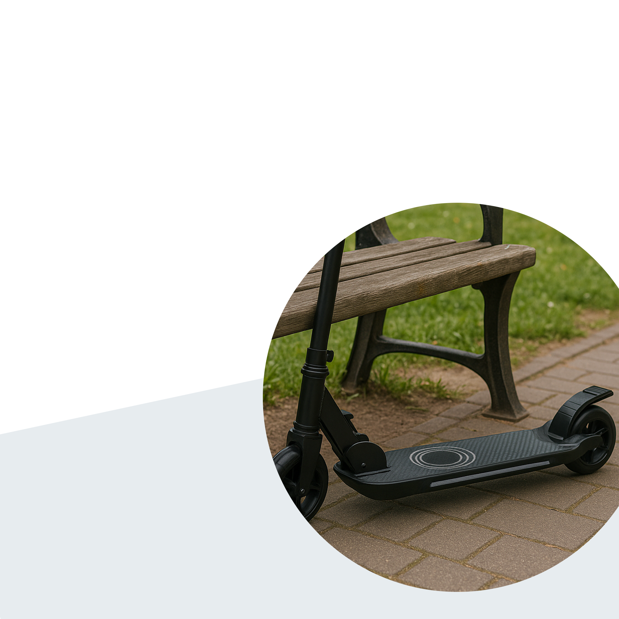 Black electric scooter parked on a brick path, with a wooden bench in the background.