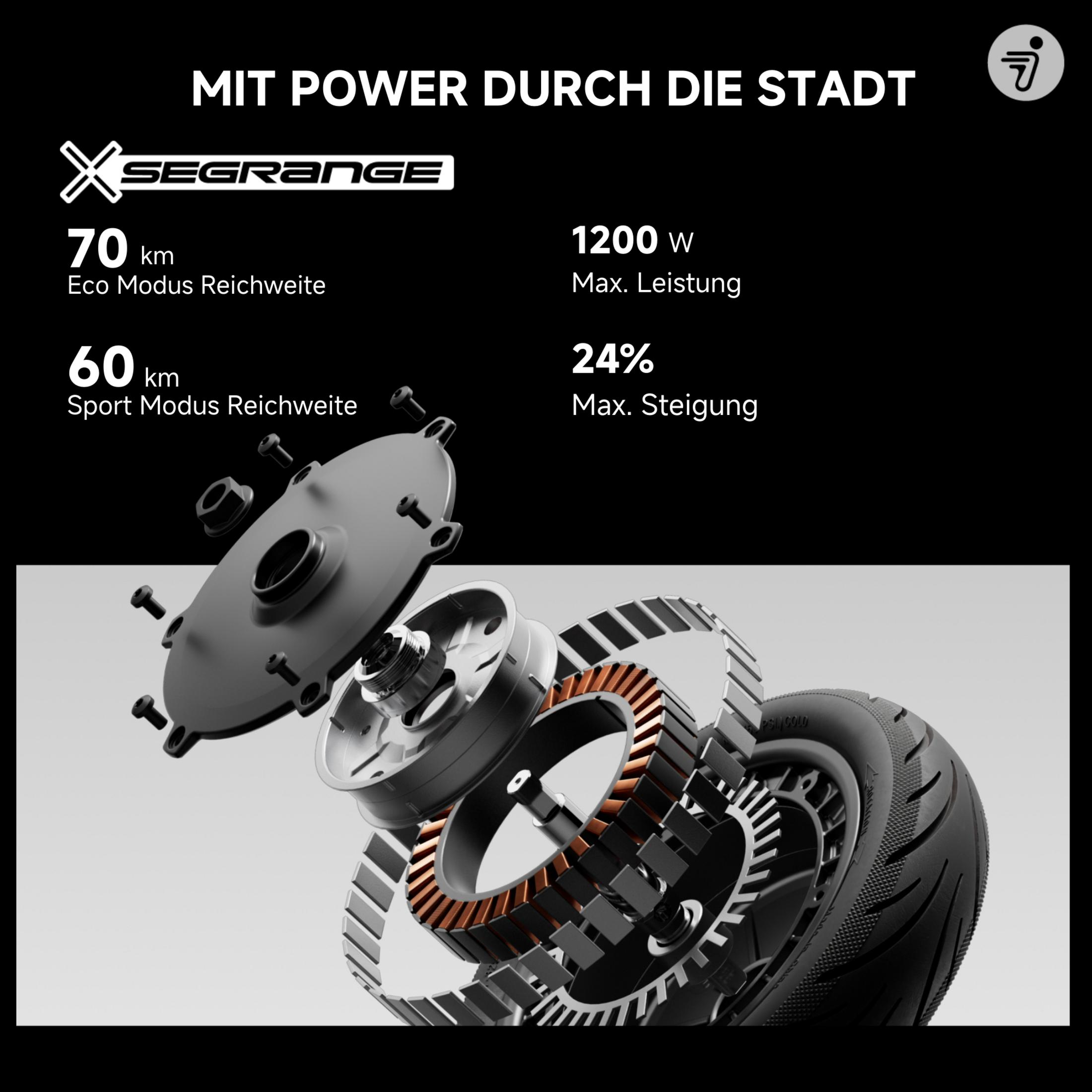 Widok rozstrzelony silnika skutera elektrycznego, pokazujący komponenty wewnętrzne i specyfikacje.