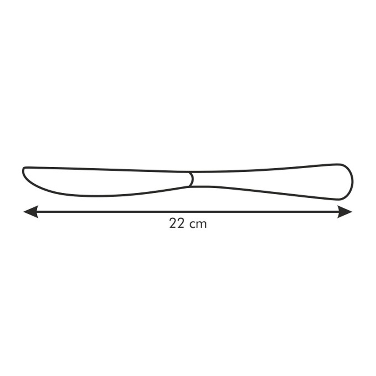 Ein Buttermesser auf weißem Hintergrund mit einem 22 cm Pfeil, der seine Länge angibt.