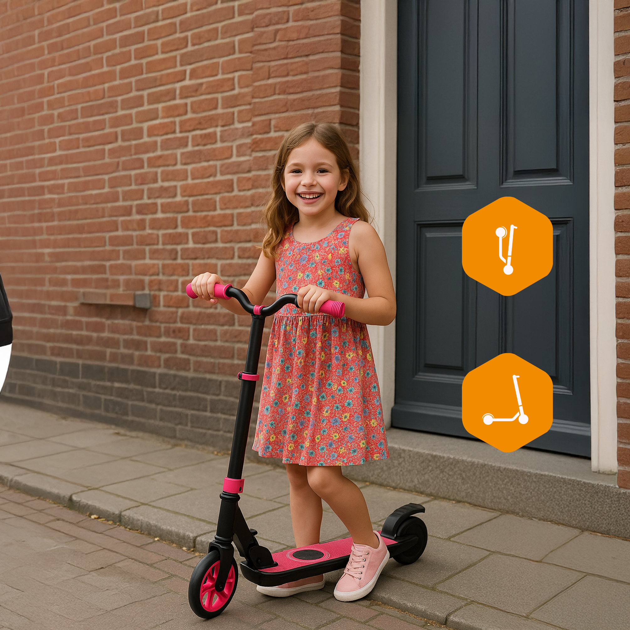 Girl smiling, standing next to a pink and black scooter. Brick wall and door are in the background.