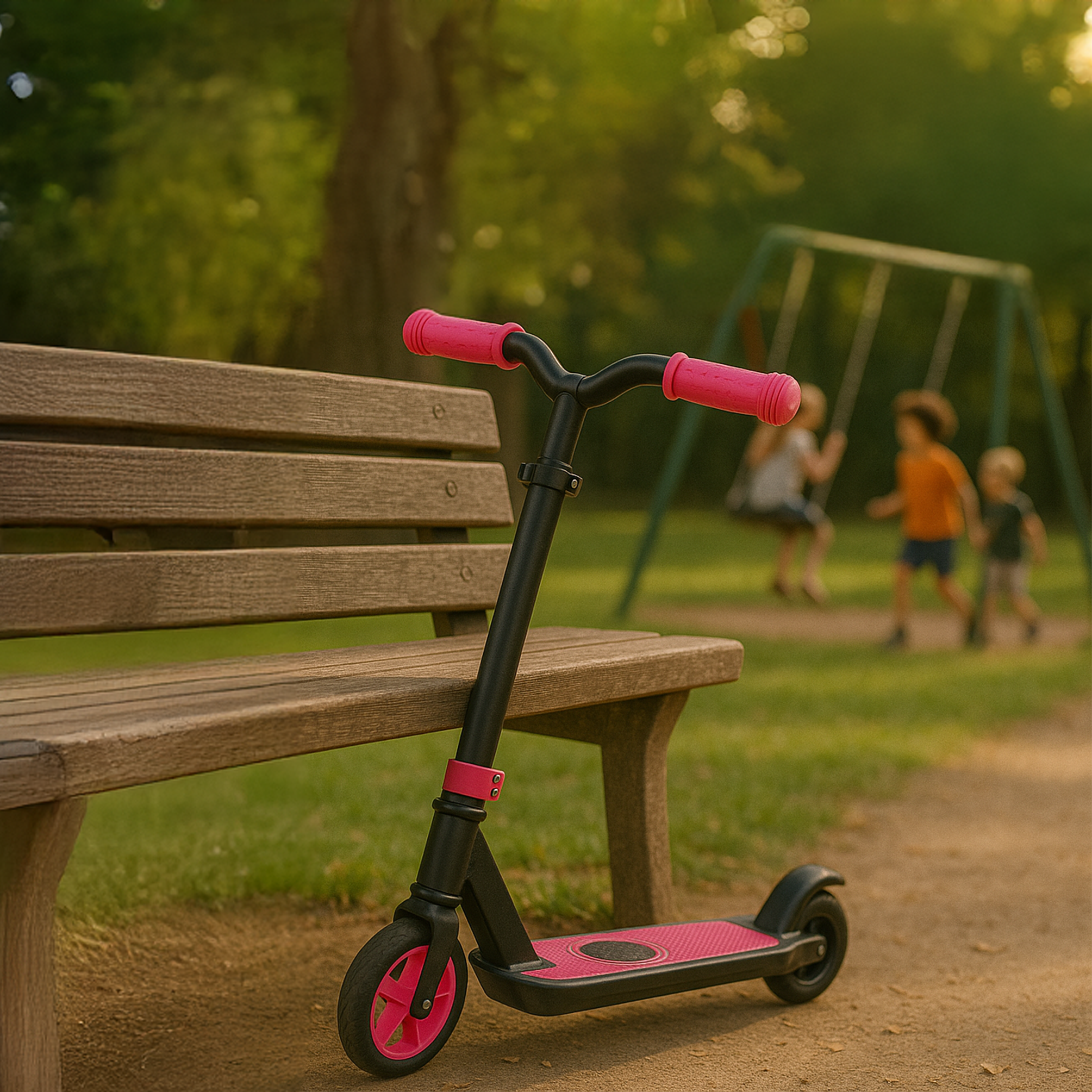 Pink and black scooter next to a wooden bench in a park. Children playing in the background.