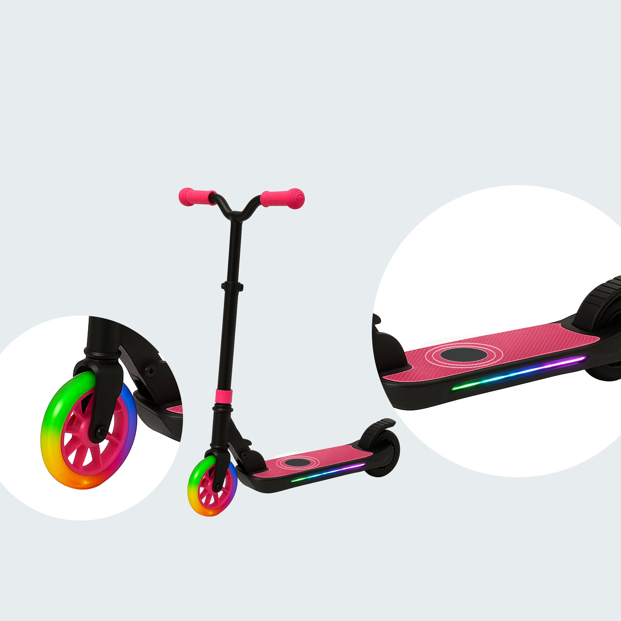 Black and pink electric scooter with rainbow wheels and neon lights on the deck.