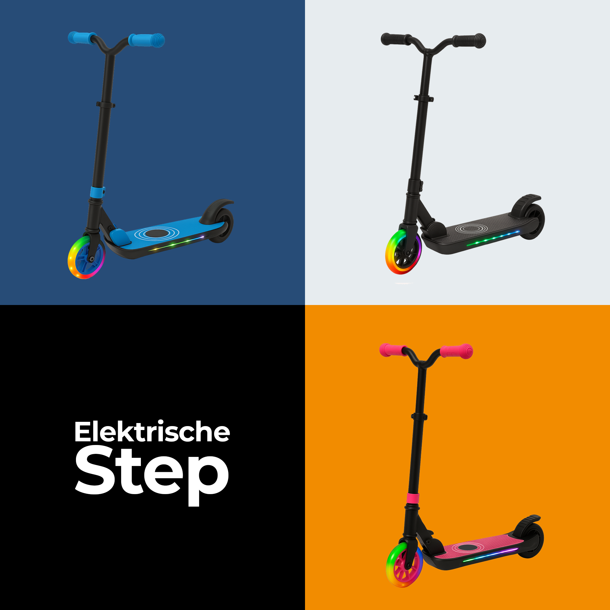 Four electric scooters, each in a different color scheme, with a logo that says 'Elektrische Step'.