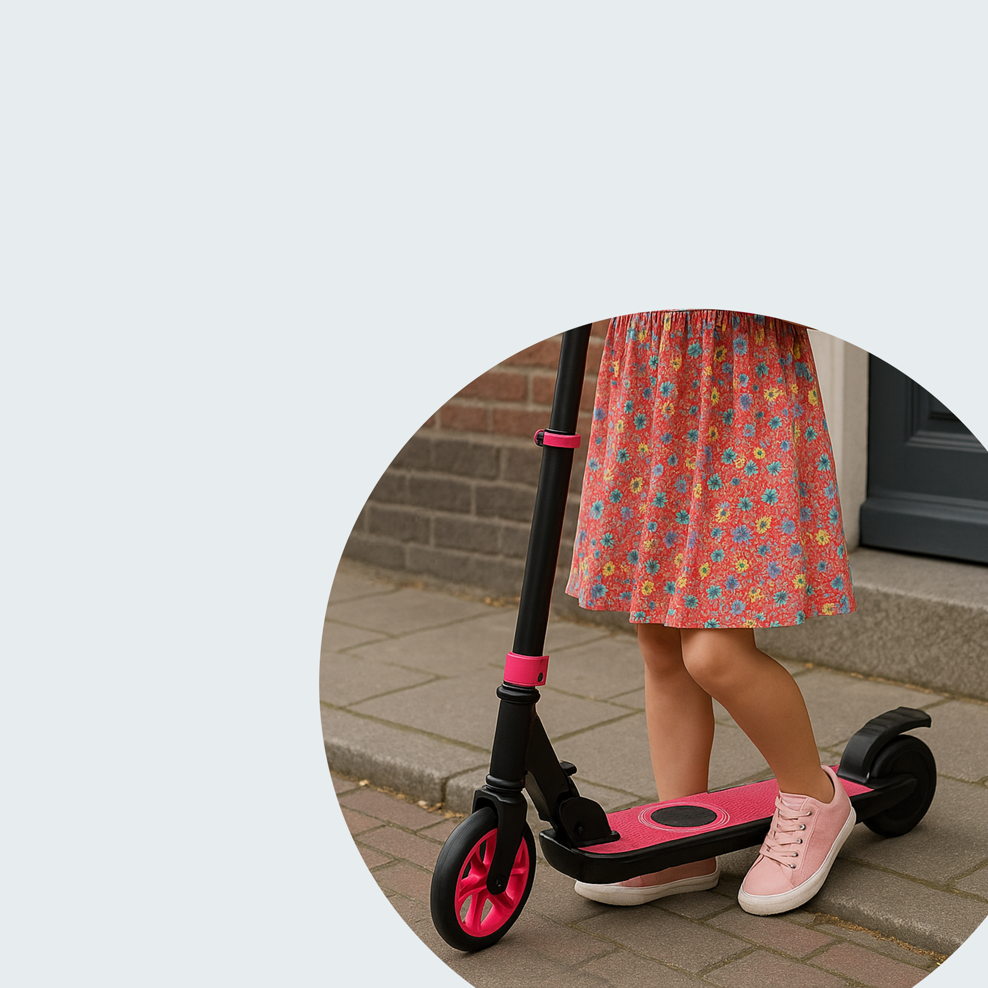 Girl in a floral dress with a pink scooter on a sidewalk. A brick wall and door are in the background.