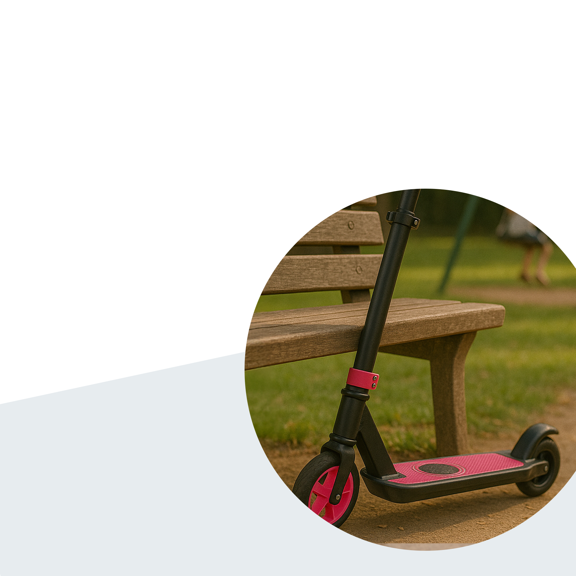 A black and pink scooter is parked next to a wooden bench in a park setting. Green grass is visible.