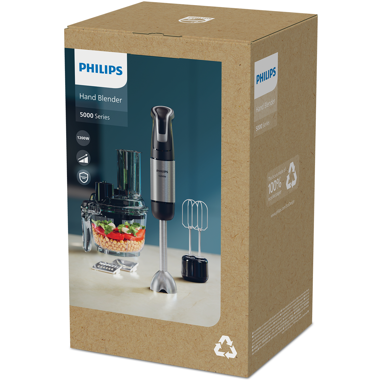 Philips el blenderi resminin bulunduğu bir karton kutu. Kutu, blenderi ve aksesuarlarını gösteriyor.
