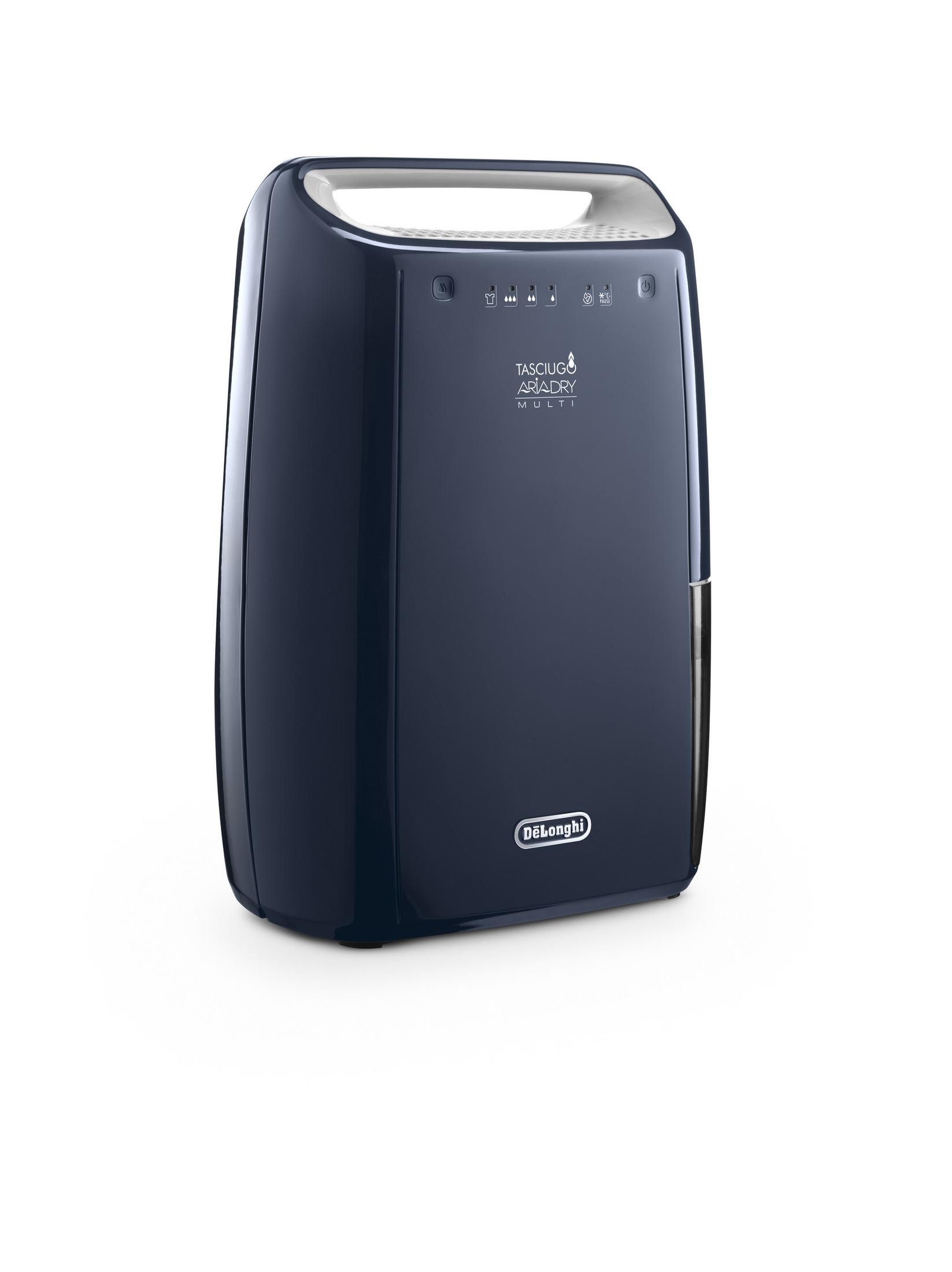 Deumidificatore blu scuro. Marchio DELONGHI visibile. Maniglia bianca. Sfondo bianco. Prodotto nuovo.