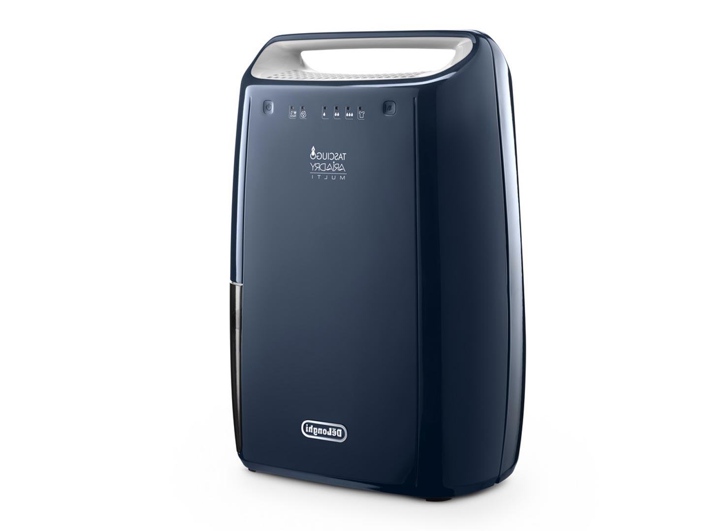 Deumidificatore blu scuro. Marchio DELONGHI visibile. Maniglia superiore. Sfondo bianco. Prodotto nuovo.