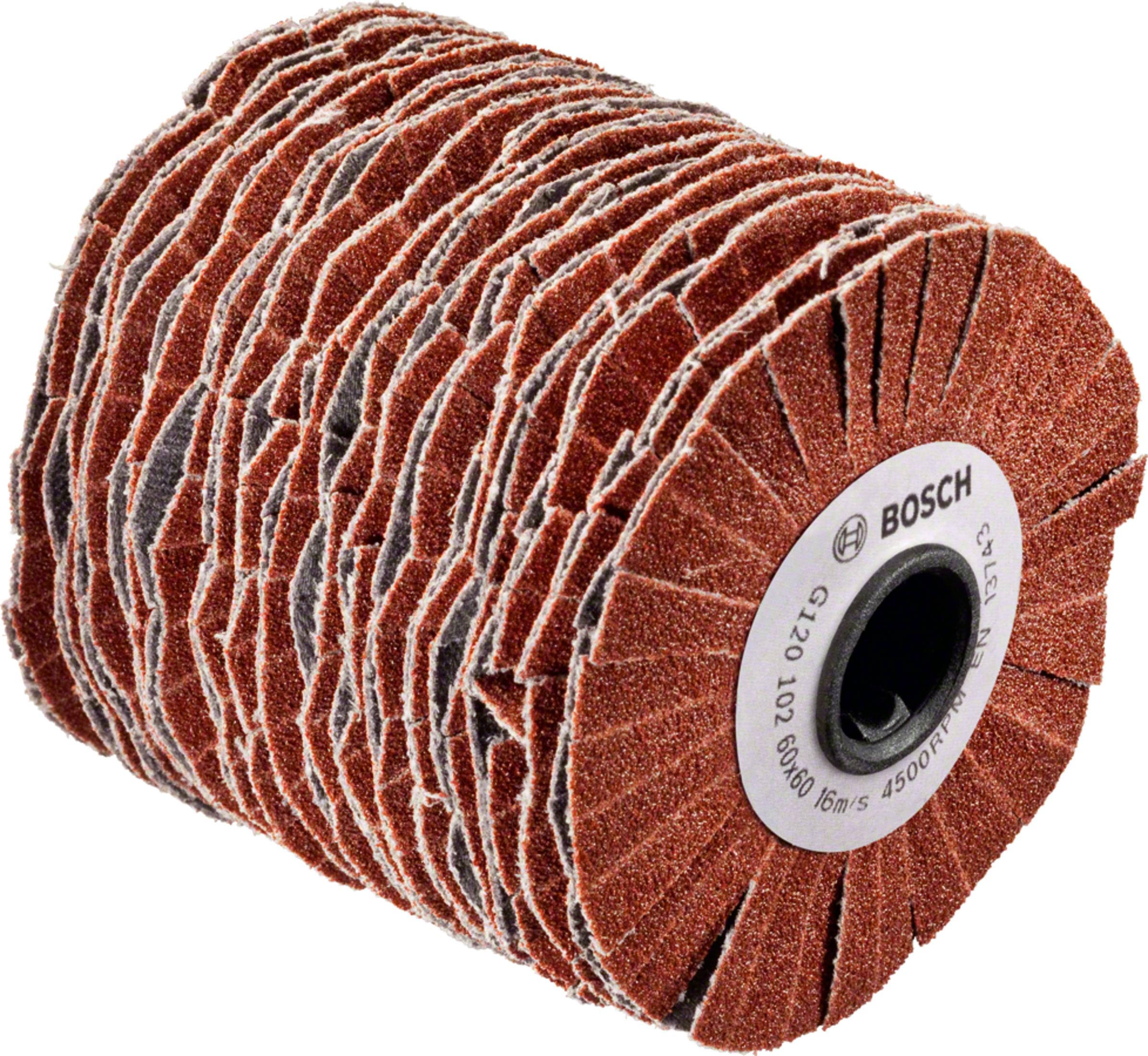 Een cilindrische schuurlrol met rood en grijs schuurpapier.