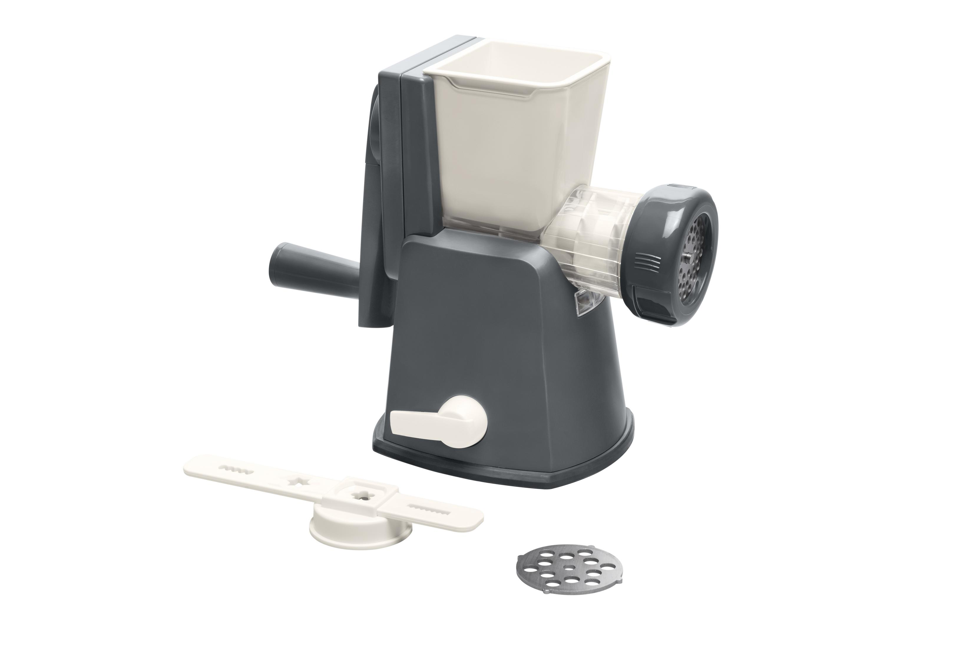 Szara i biała maszynka do mięsa z częściami. Ostrze i element w kształcie gwiazdy są obecne.