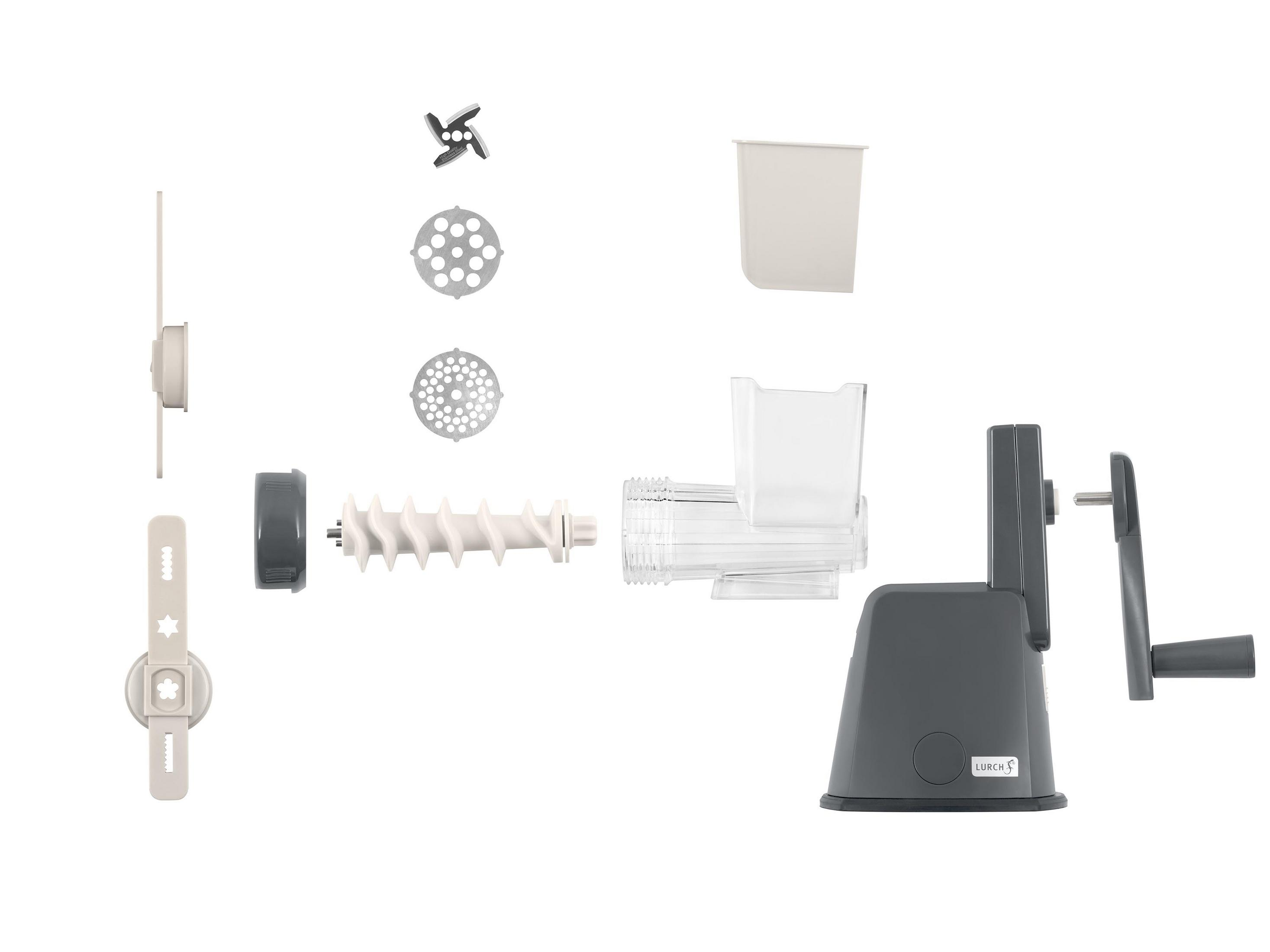 Rozłożone części maszynki do mięsa, w tym ostrza, korpus i uchwyt.