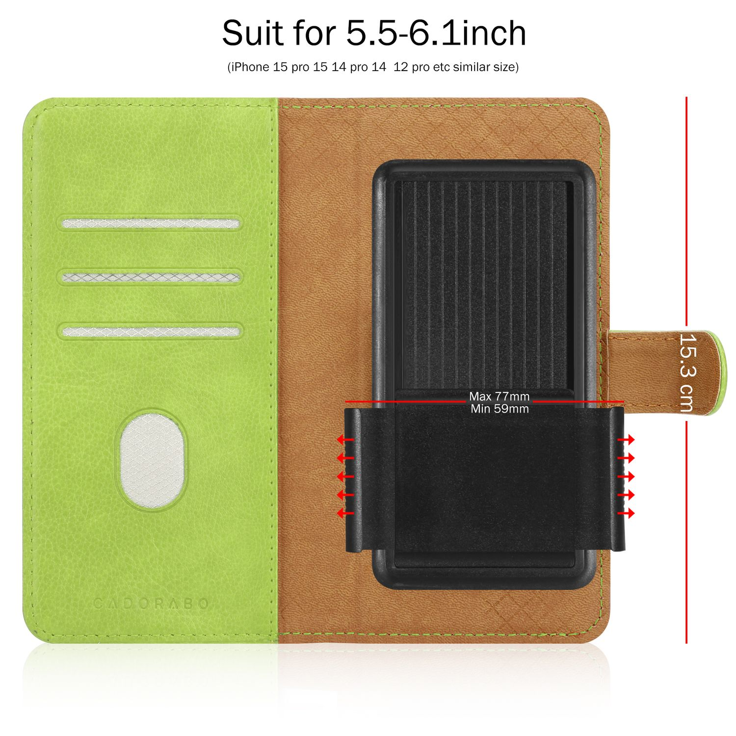 Grüne und braune Handyhülle, offen, um ein Inneres mit Größendetails und einem Telefonhalter zu zeigen.