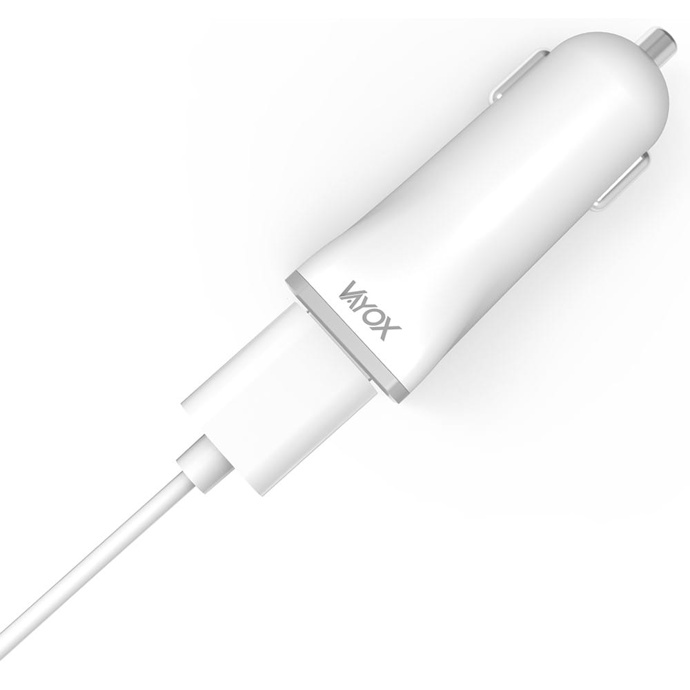 Biała ładowarka samochodowa z kablem ładującym. Tekst: VAYOX.