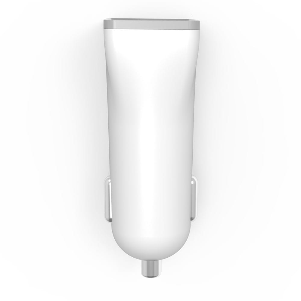 Biała ładowarka samochodowa. Posiada port USB. Ładowarka jest biała i ma srebrną podstawę.
