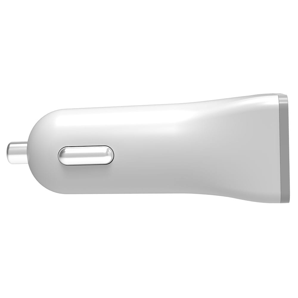 Biała ładowarka samochodowa o zaokrąglonym kształcie. Posiada gniazdo na port USB.