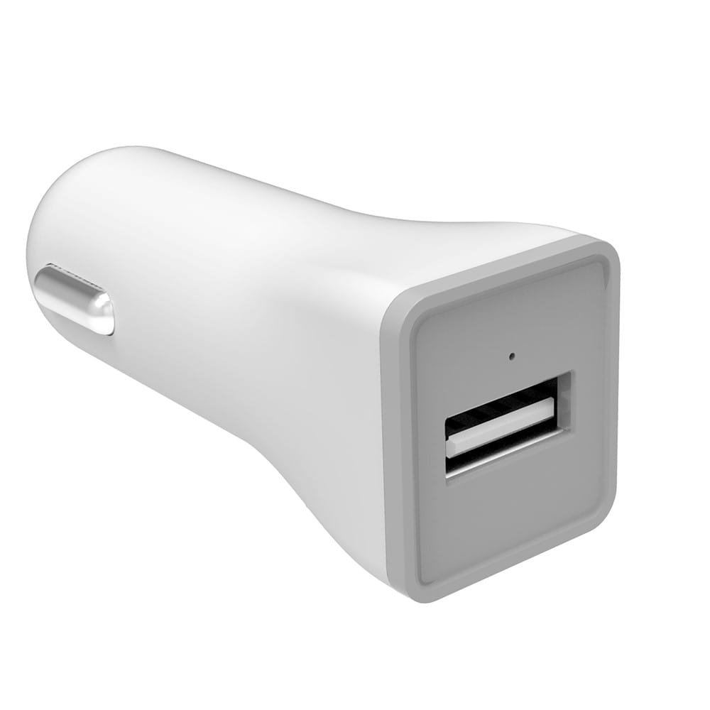 Biała ładowarka samochodowa USB z zaokrąglonym korpusem i portem USB.