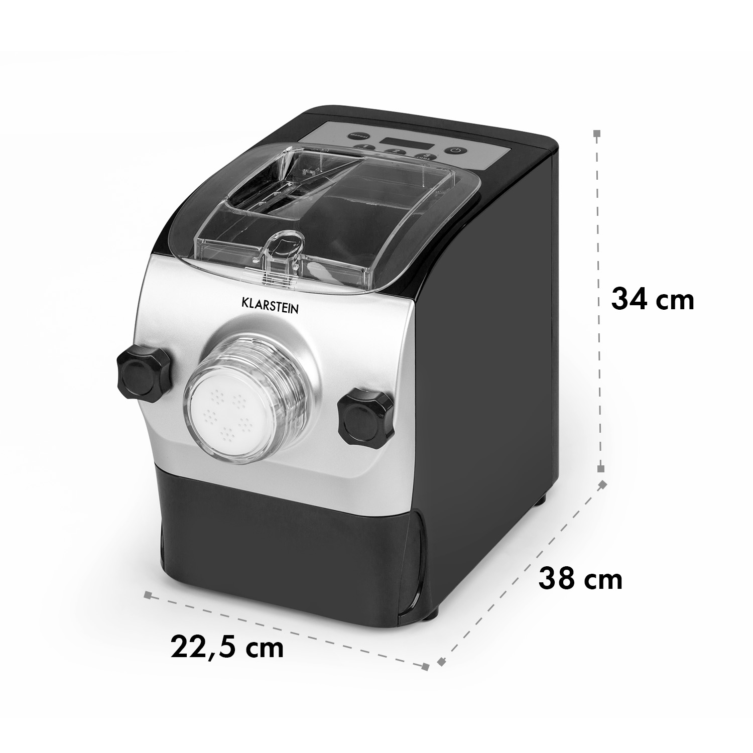 Eine schwarz-silberne Nudelmaschine. Abmessungen: 34 cm hoch, 38 cm breit und 22,5 cm tief.