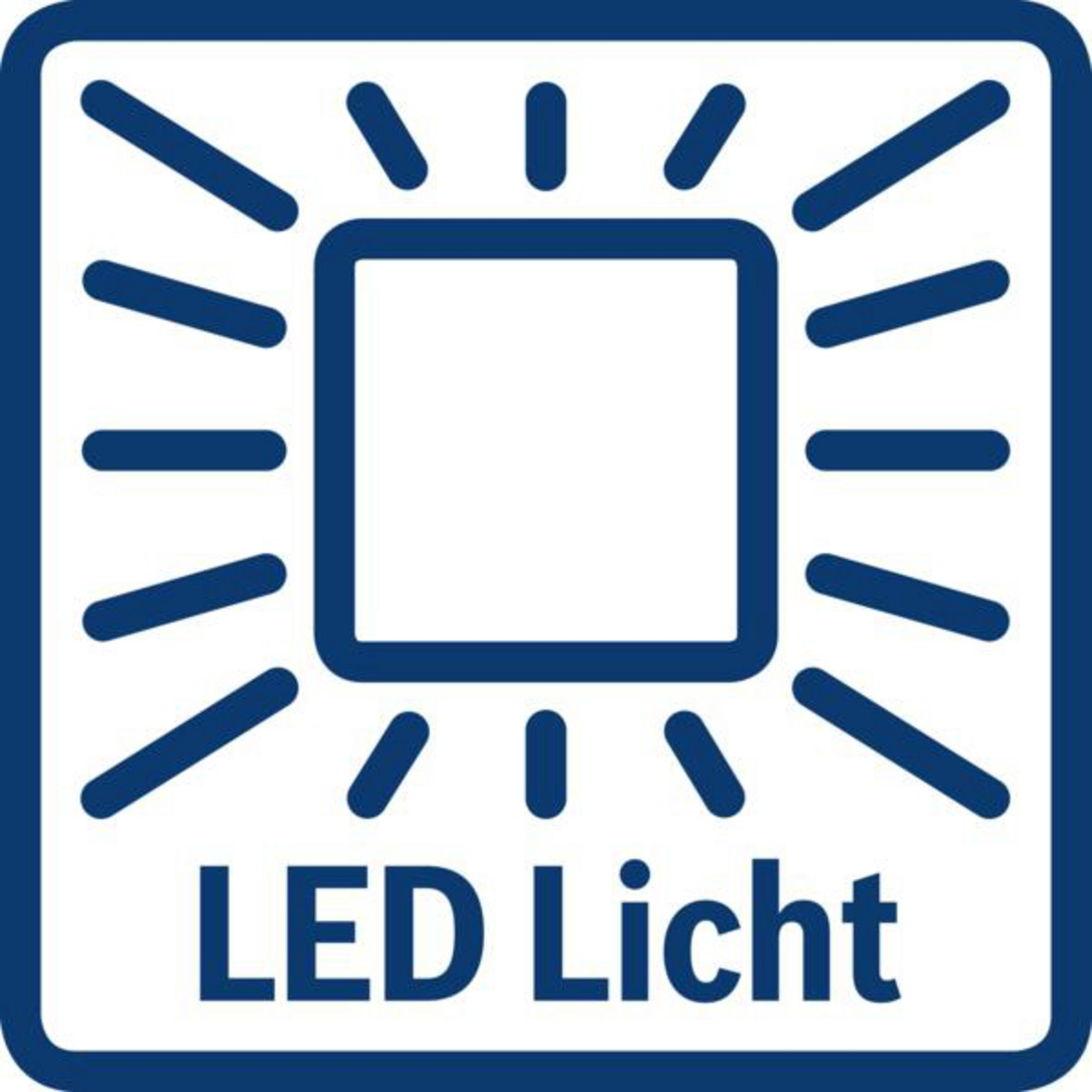 Ein blaues quadratisches Symbol mit LED Licht Text und Lichtstrahlen, die von einem Quadrat ausgehen.