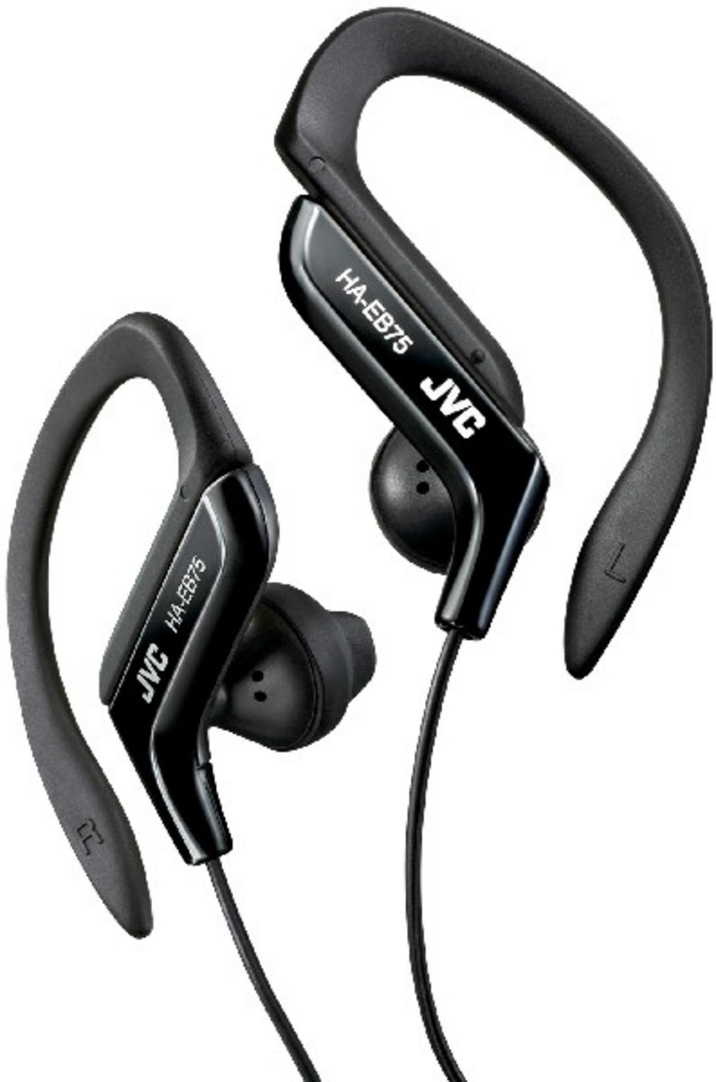 Auricolari JVC neri con ganci per le orecchie, con cavi neri.