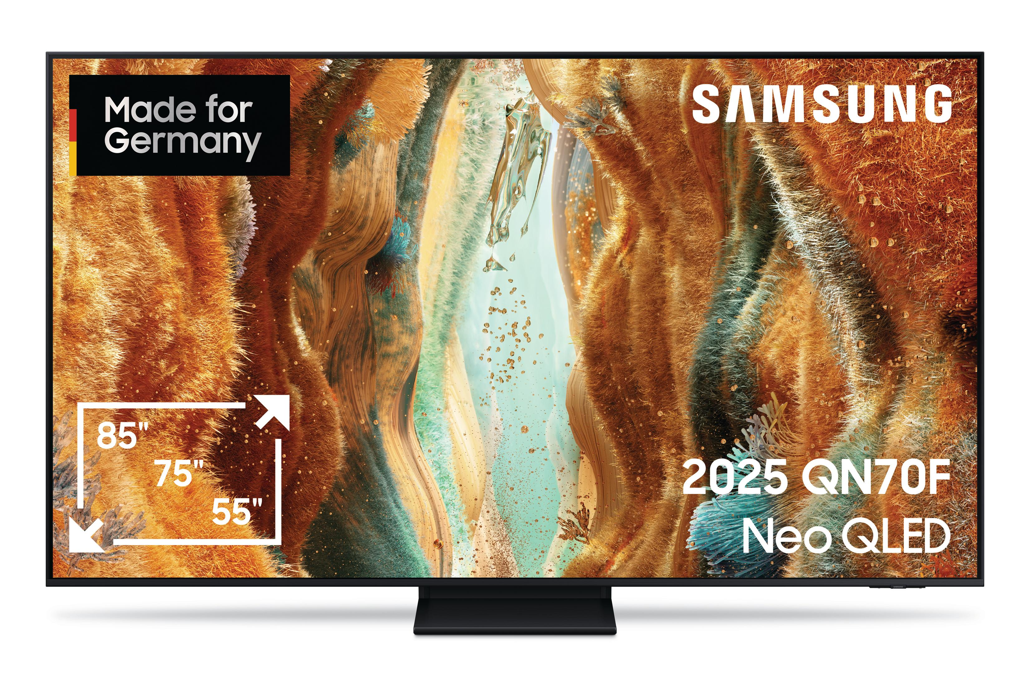 Telewizor Samsung, model 2025 QN70F Neo QLED, ze wskaźnikami rozmiaru i tekstem 'Made for Germany'.