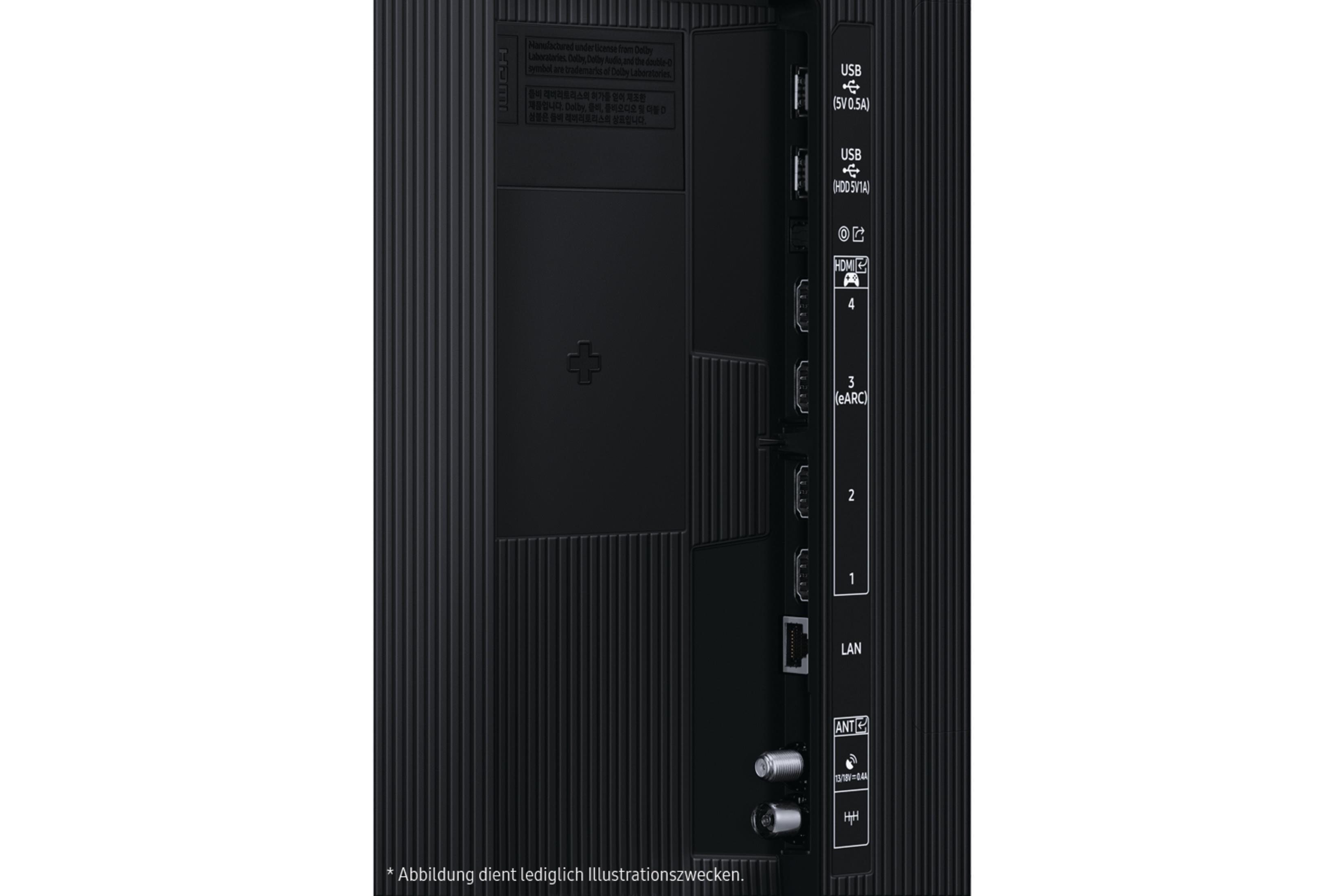 Zbliżenie sekcji portów czarnego telewizora.