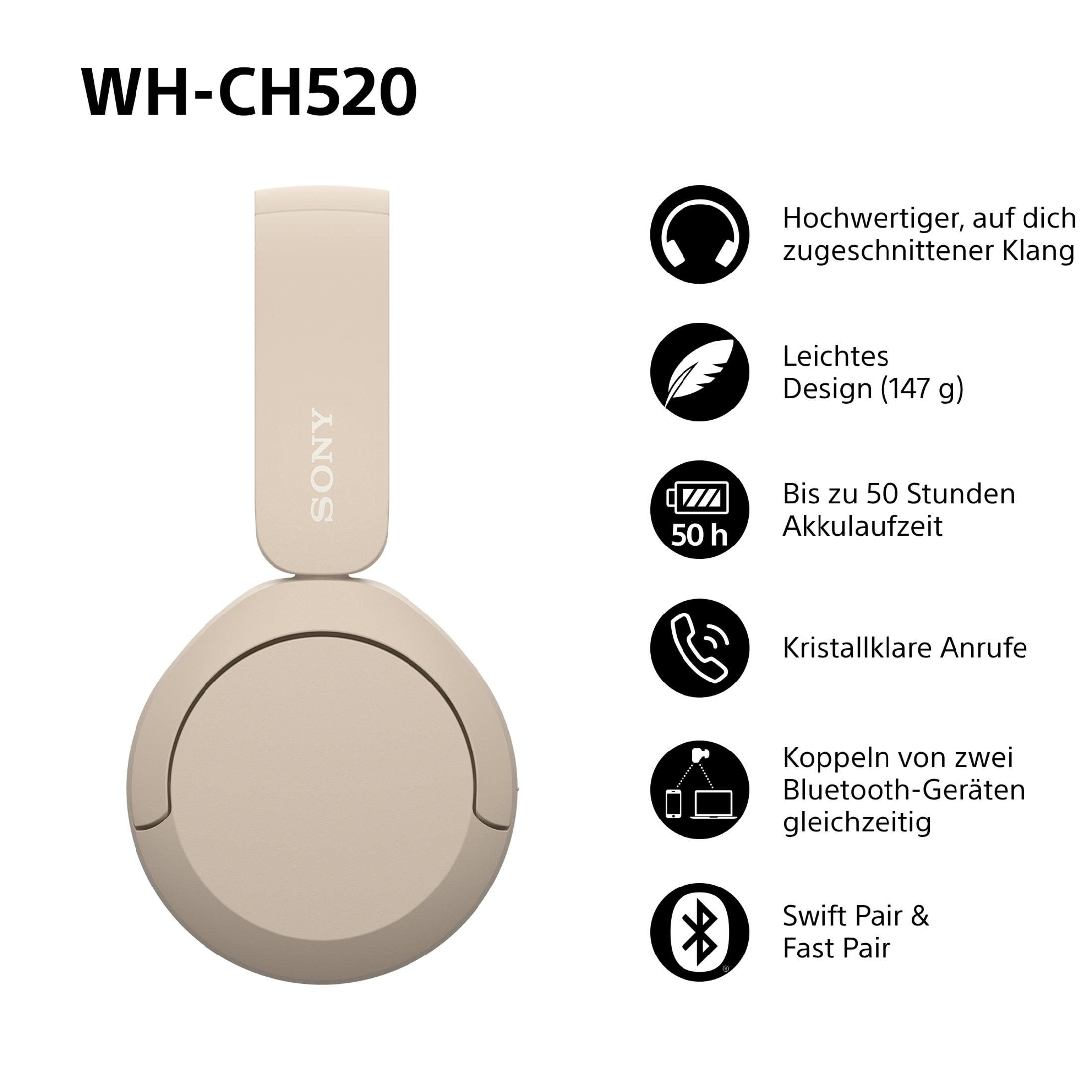 Weiße und beige Sony-Kopfhörer mit Text, der Funktionen und Spezifikationen detailliert.