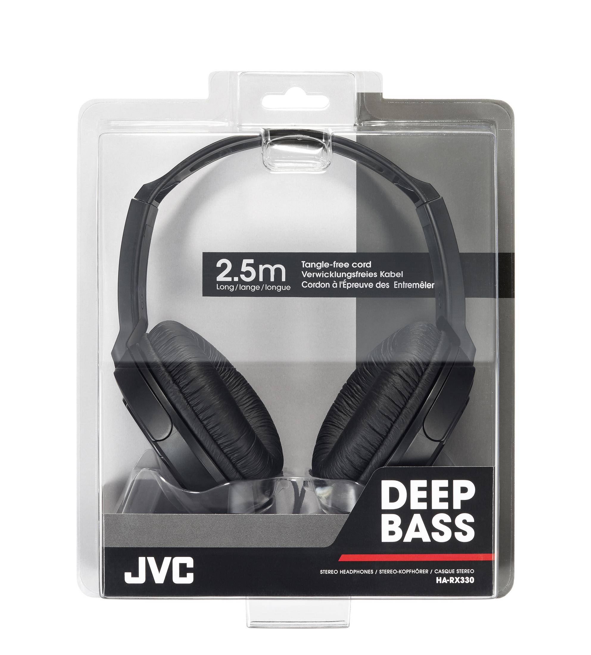 Czarne słuchawki JVC w przezroczystym plastikowym opakowaniu, z tekstem.