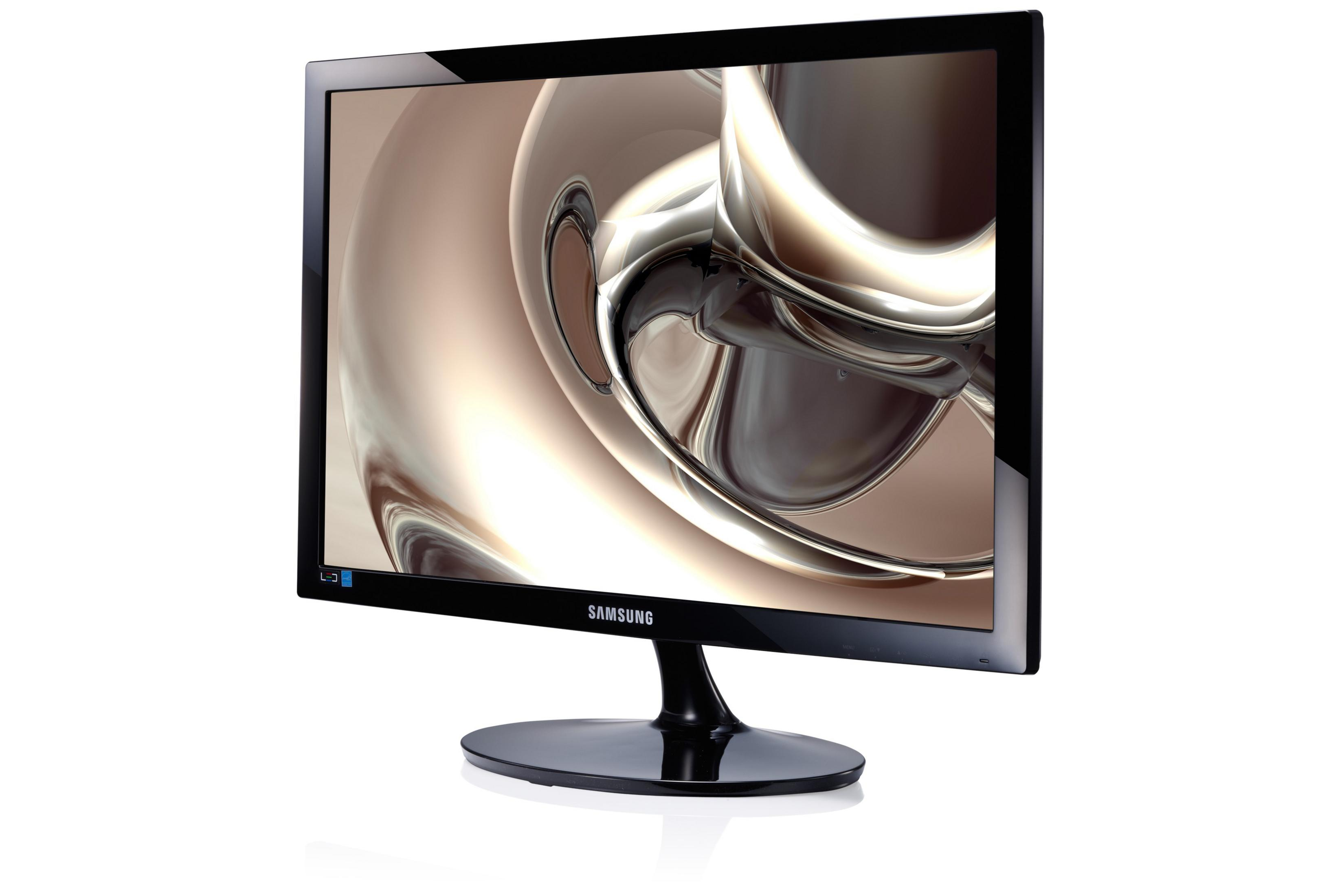 Schwarzer Samsung-Monitor, der ein metallisches, abstraktes und reflektierendes Bild zeigt.