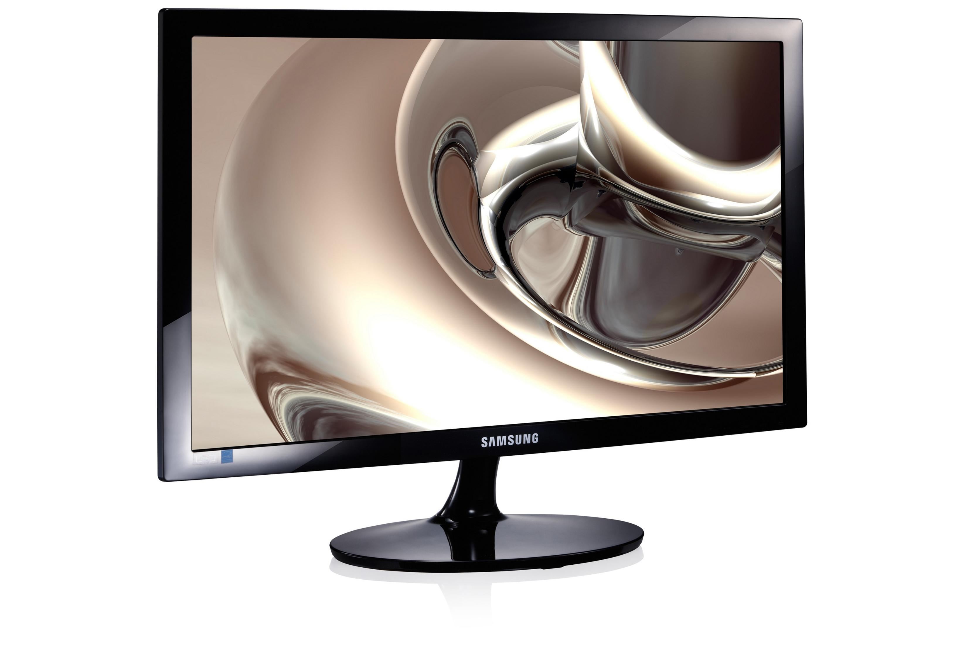Ein schwarzer Computermonitor, der ein metallisches, abstraktes Design auf weißem Hintergrund anzeigt.