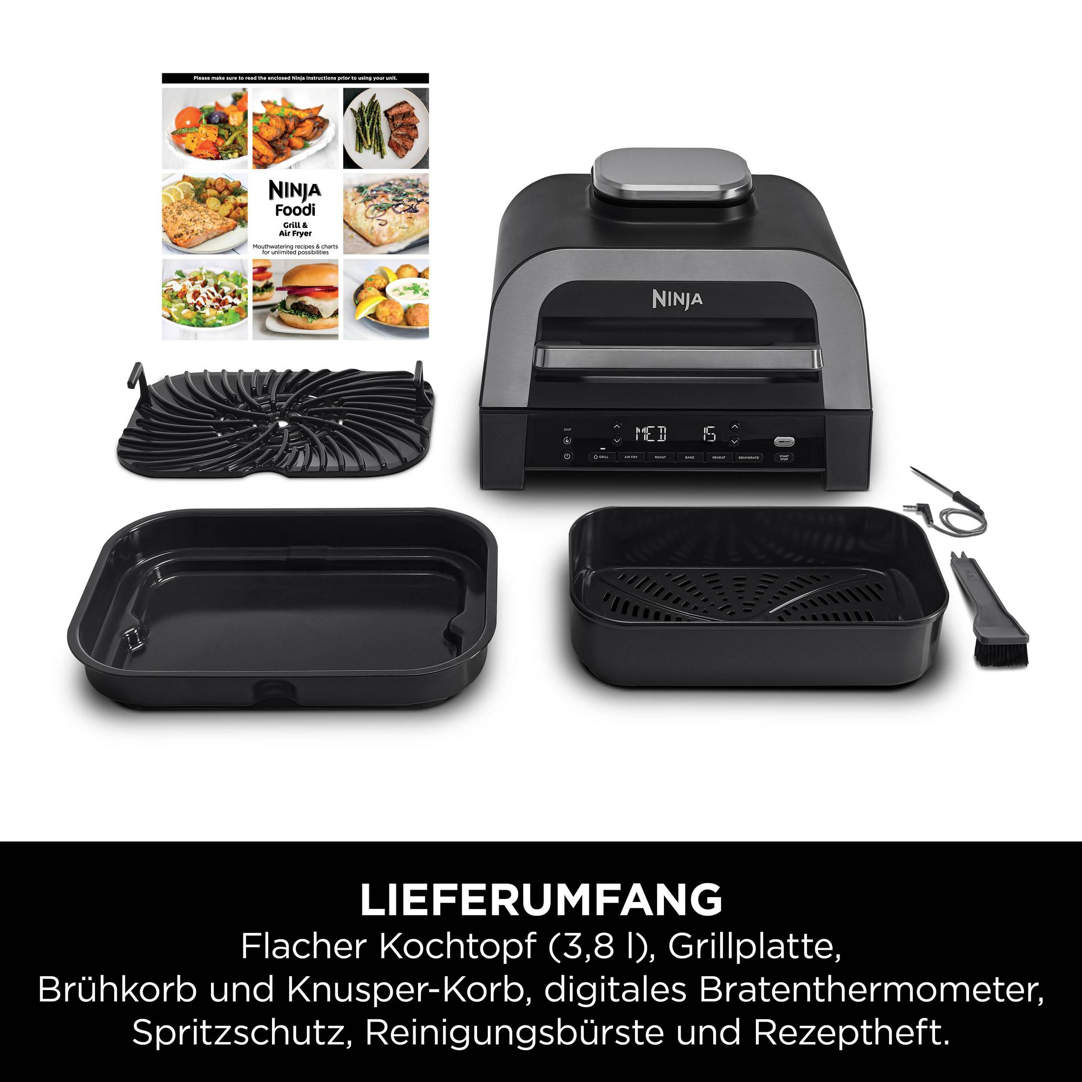 Grill e friggitrice ad aria Ninja Foodi, con accessori e guida alle ricette.