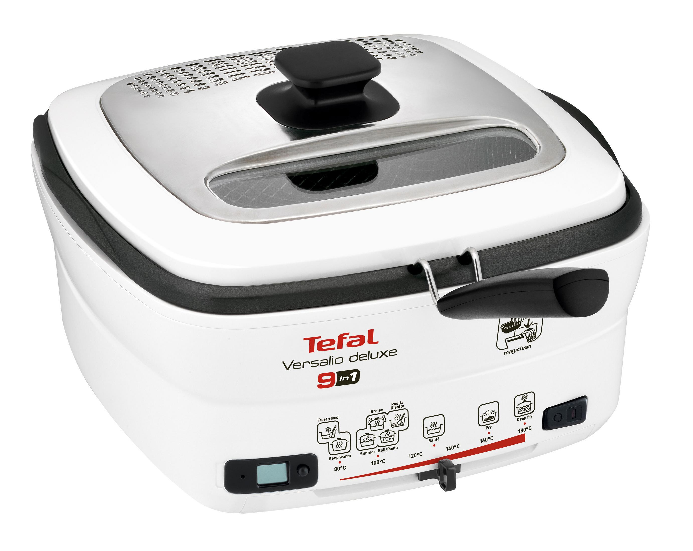 Białe urządzenie Tefal Versalio deluxe 9 w 1 z czarnymi akcentami i pokrywą.