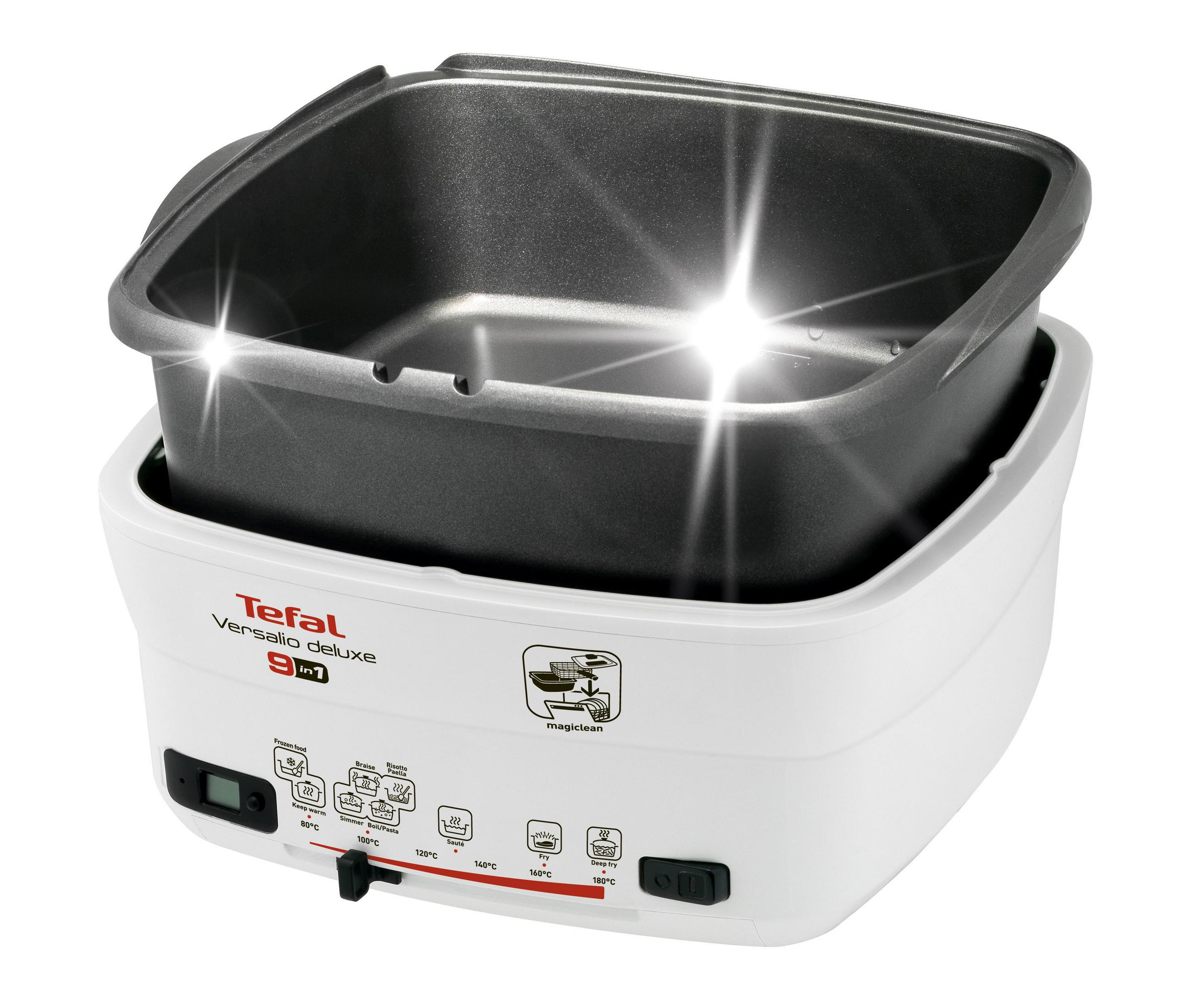 Białe urządzenie Tefal Versalio Deluxe 9 w 1, z czarnym garnkiem do gotowania w środku.