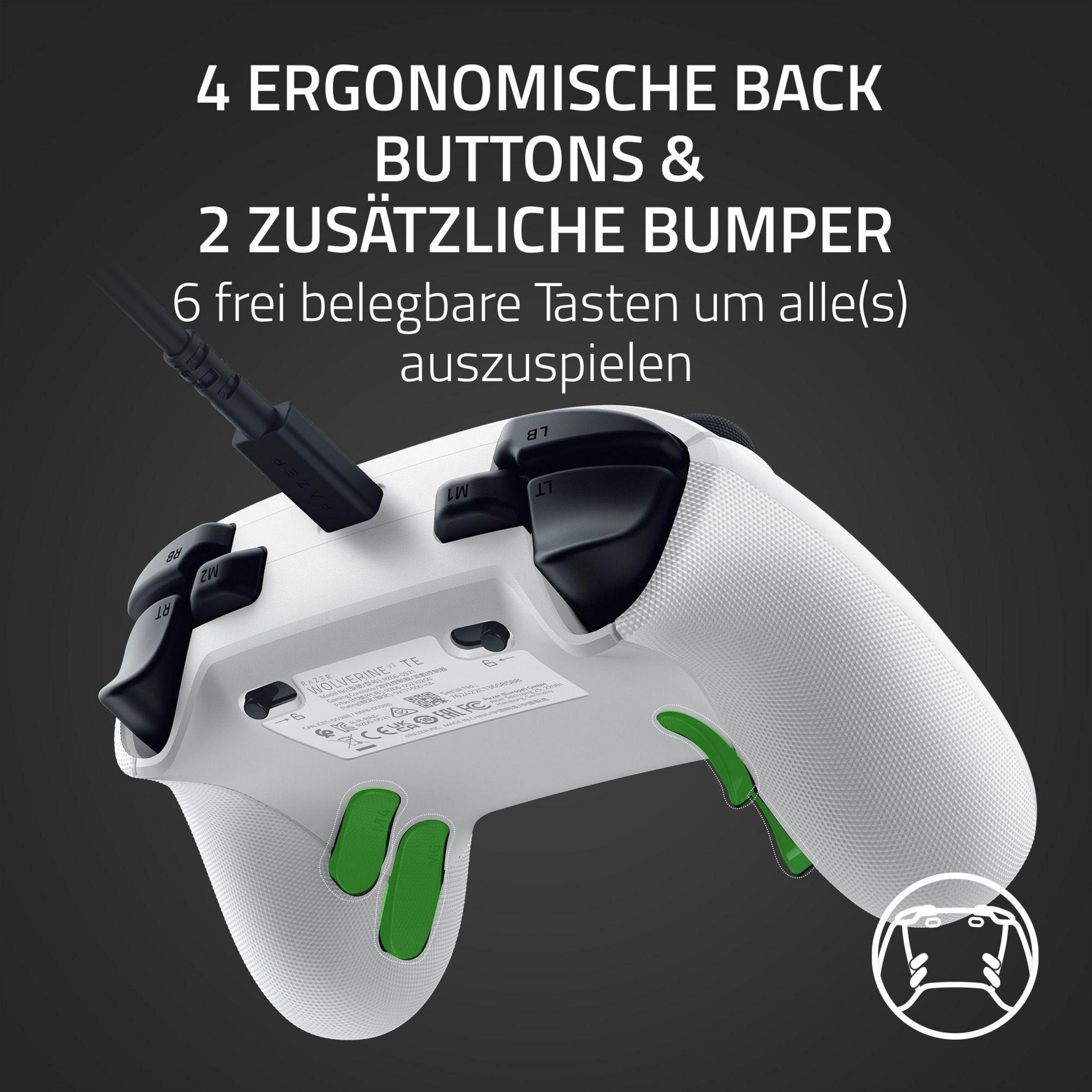 Controller di gioco bianco con pulsanti verdi e un cavo nero.
