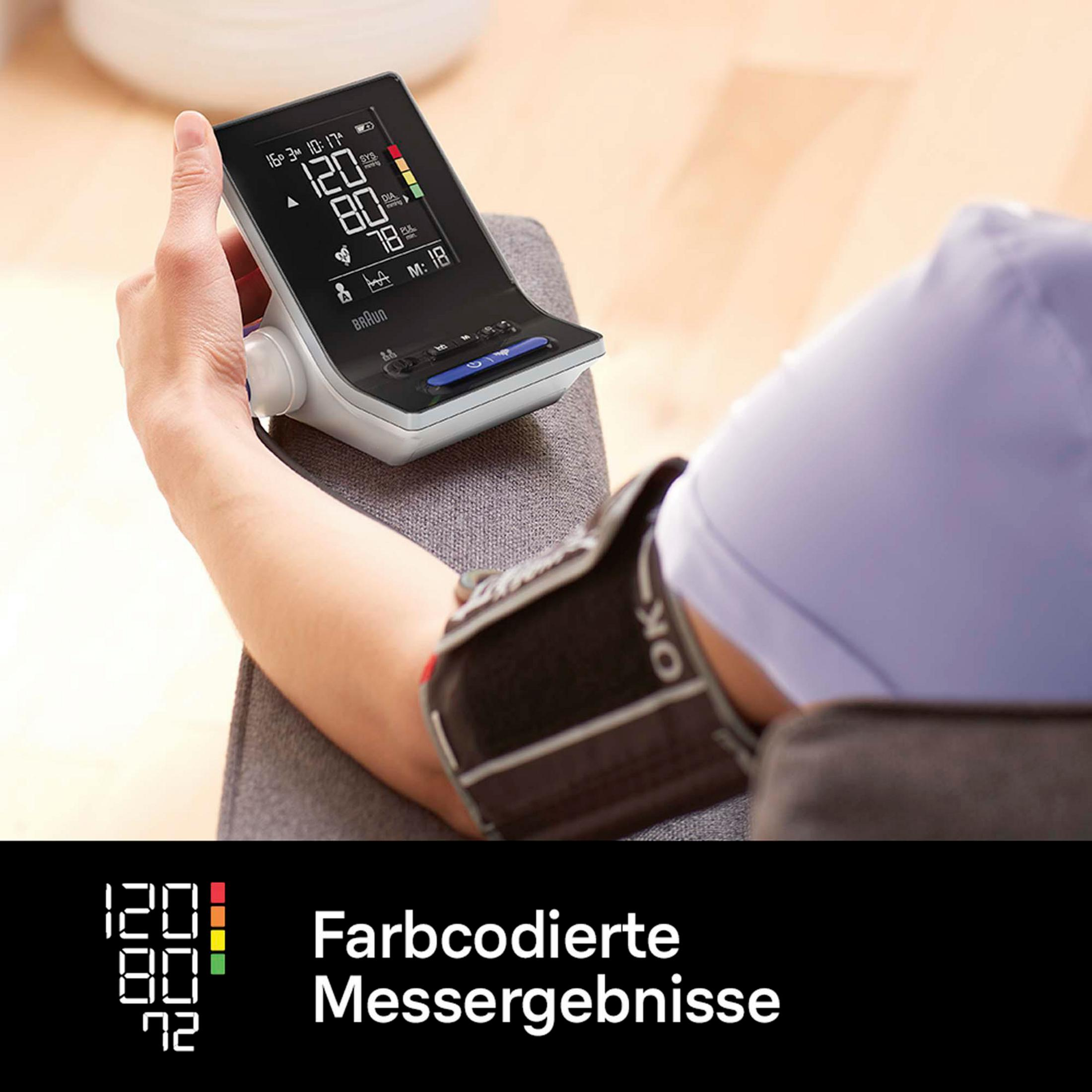 Imagen de tensiómetro con lecturas. Un brazo en un manguito. Se ven las pantallas de color.