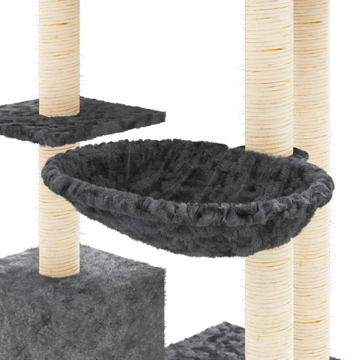Ein Katzenbaum mit mehreren Plattformen und einem Hängekorb, alles in Grautönen.