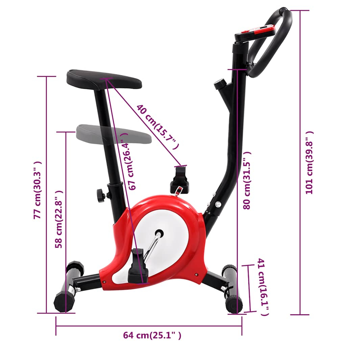 Rotes und schwarzes Trainingsfahrrad mit Maßen. Das Fahrrad hat einen Sitz, Pedale und Lenker.