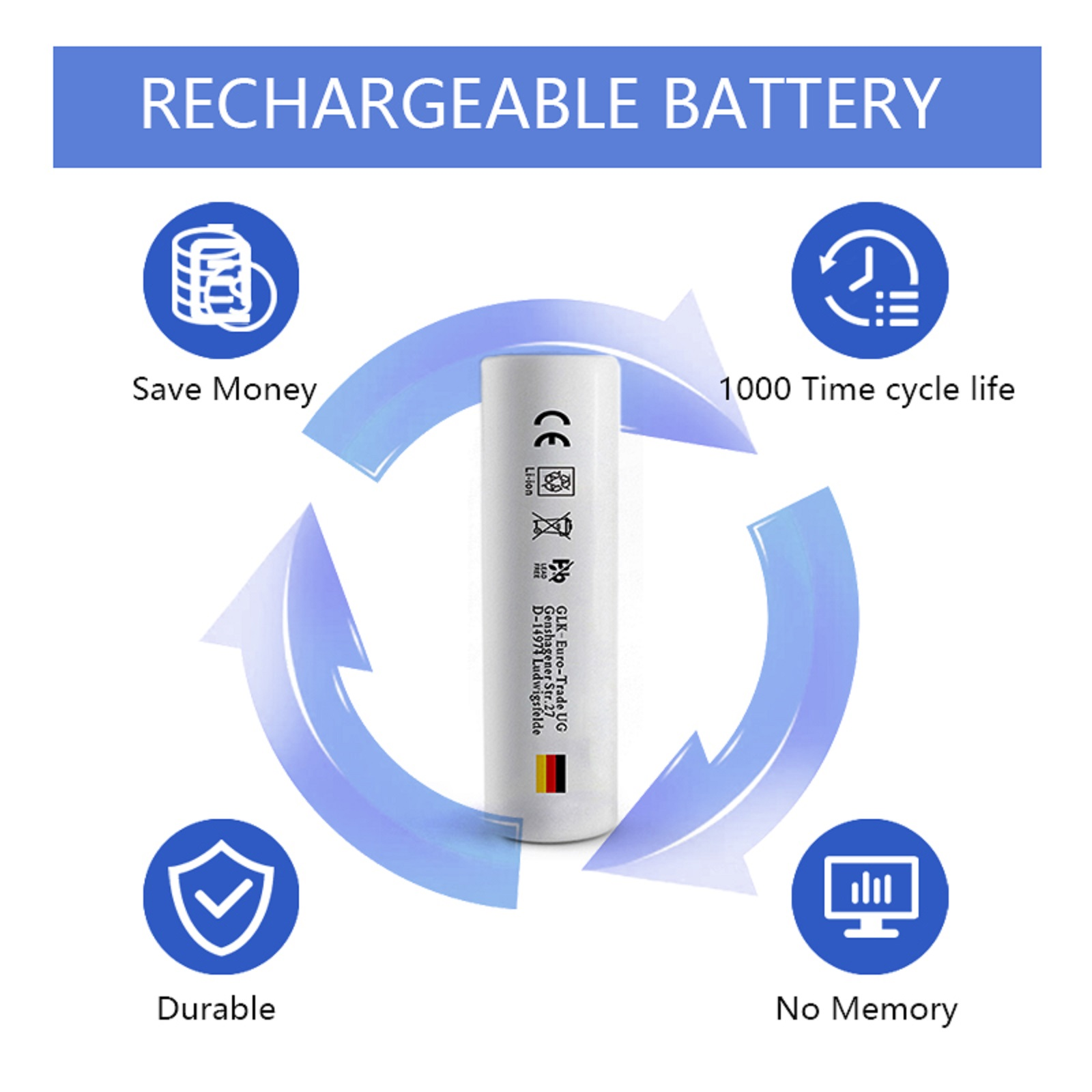 Wiederaufladbare Batterie mit Symbolen: Geld sparen, langlebig, kein Memory-Effekt, 1000 Zyklen.