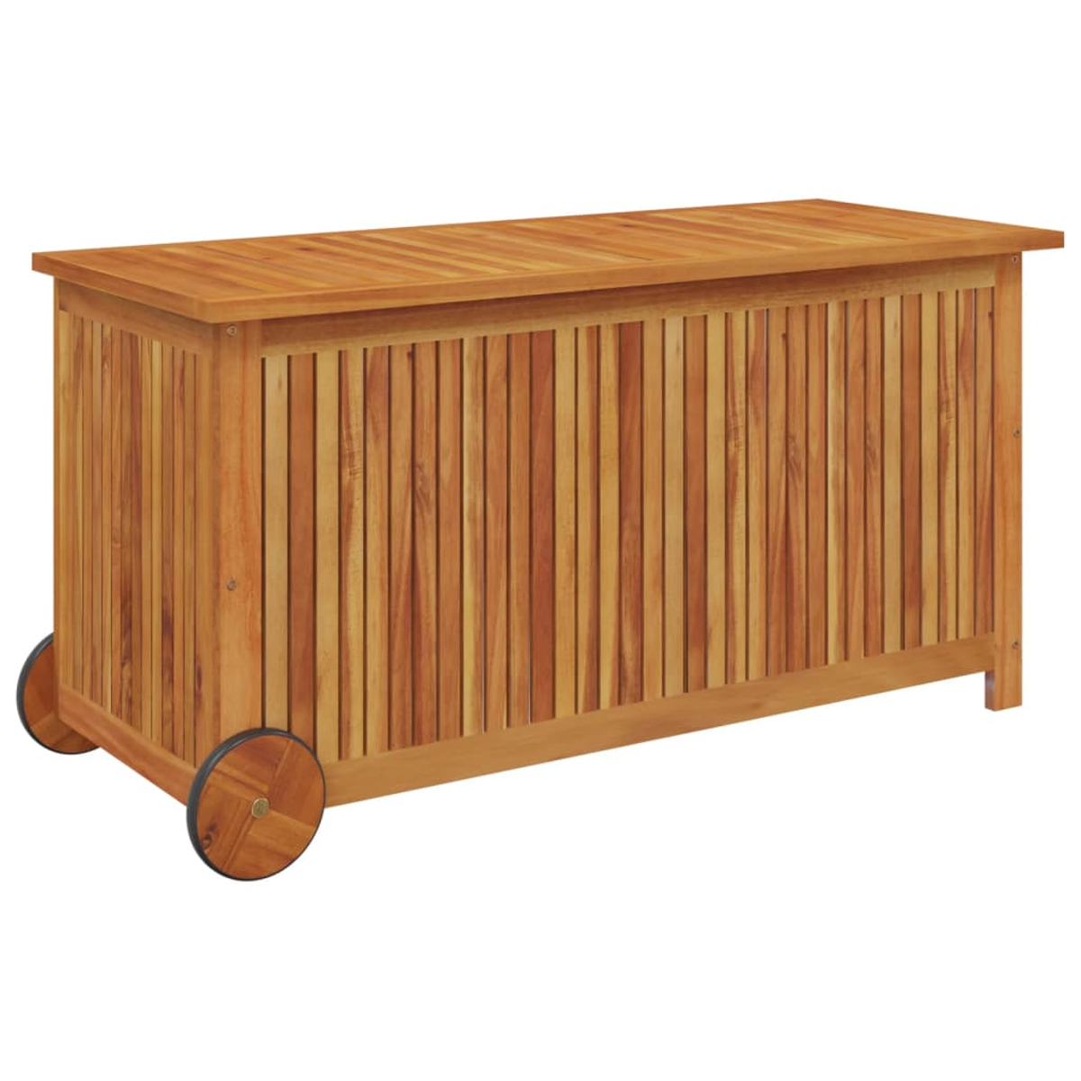 Holz-Aufbewahrungsbox auf Rädern, braune Farbe, mit vertikalen Holzlatten, weißer Hintergrund.